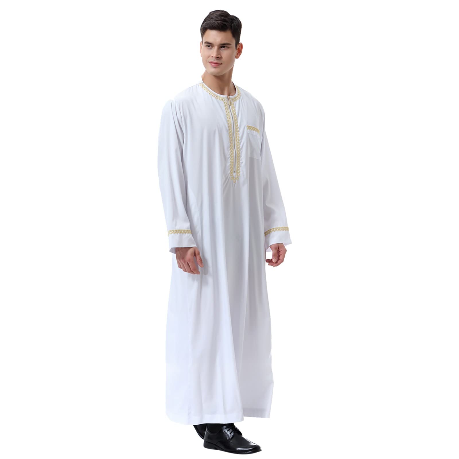 Men's Dubai Long Gown - Traditional Muslim Arabian Robe with Ethnic Print & Zipper Closure | Middle Eastern Costume for Special Occasions & Cultural Events