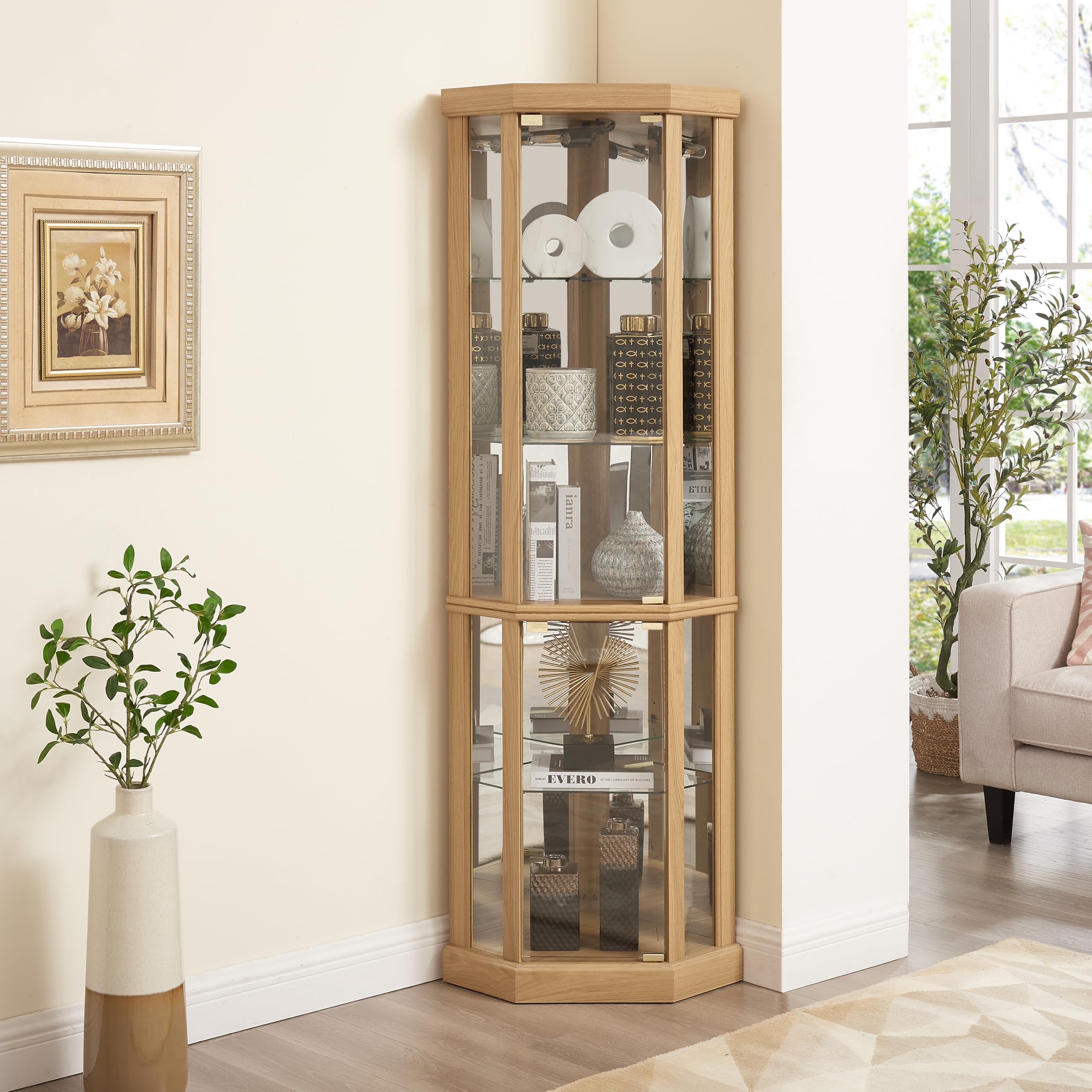 Corner Curio Cabinet with LED Lights - Glass Display Case for Living Room, Antique & Wine Collection Storage - Light Oak Finish - Perfect for Home Decor, Barware Display & Collectibles Showcase