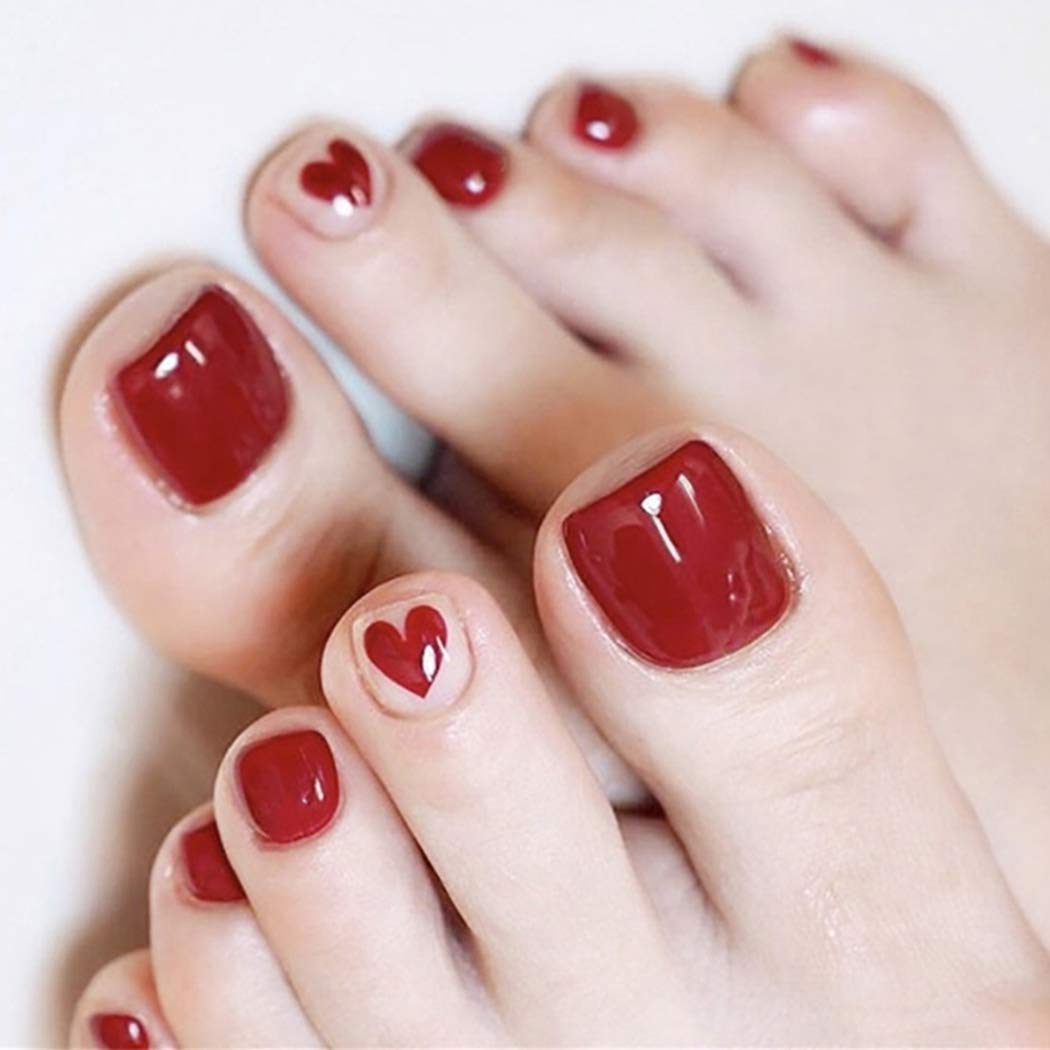 Brishow 24Pcs Red Acrylic Stick-On False Toenails - Heart Design Full Cover Fake Toe Nails for Women & Girls | Pedicure, Summer Sandals, Beach Vacation, Nail Art Decoration