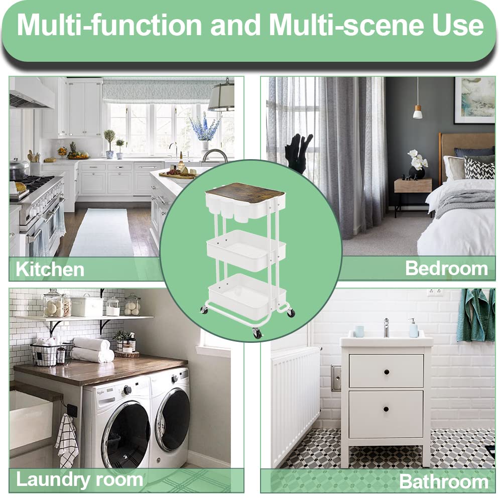 Melody House 3-Tier Metal Rolling Cart with Cover Board - Mobile Storage Organizer for Office, Home & Kitchen - Cream White Utility Cart for Books, Plants & Bathroom Essentials