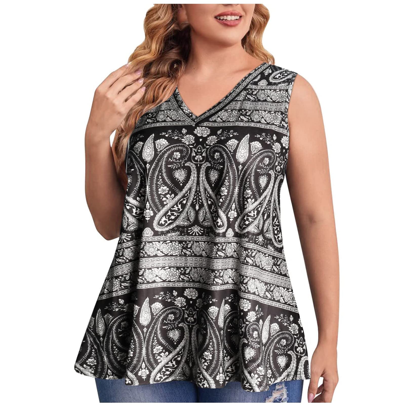 Plus Size Women's V-Neck Sleeveless Tunic T-Shirt - 4th of July Patriotic Casual Blouse for Summer | Loose Fit Comfortable Top for BBQ, Beach & Holiday Celebrations