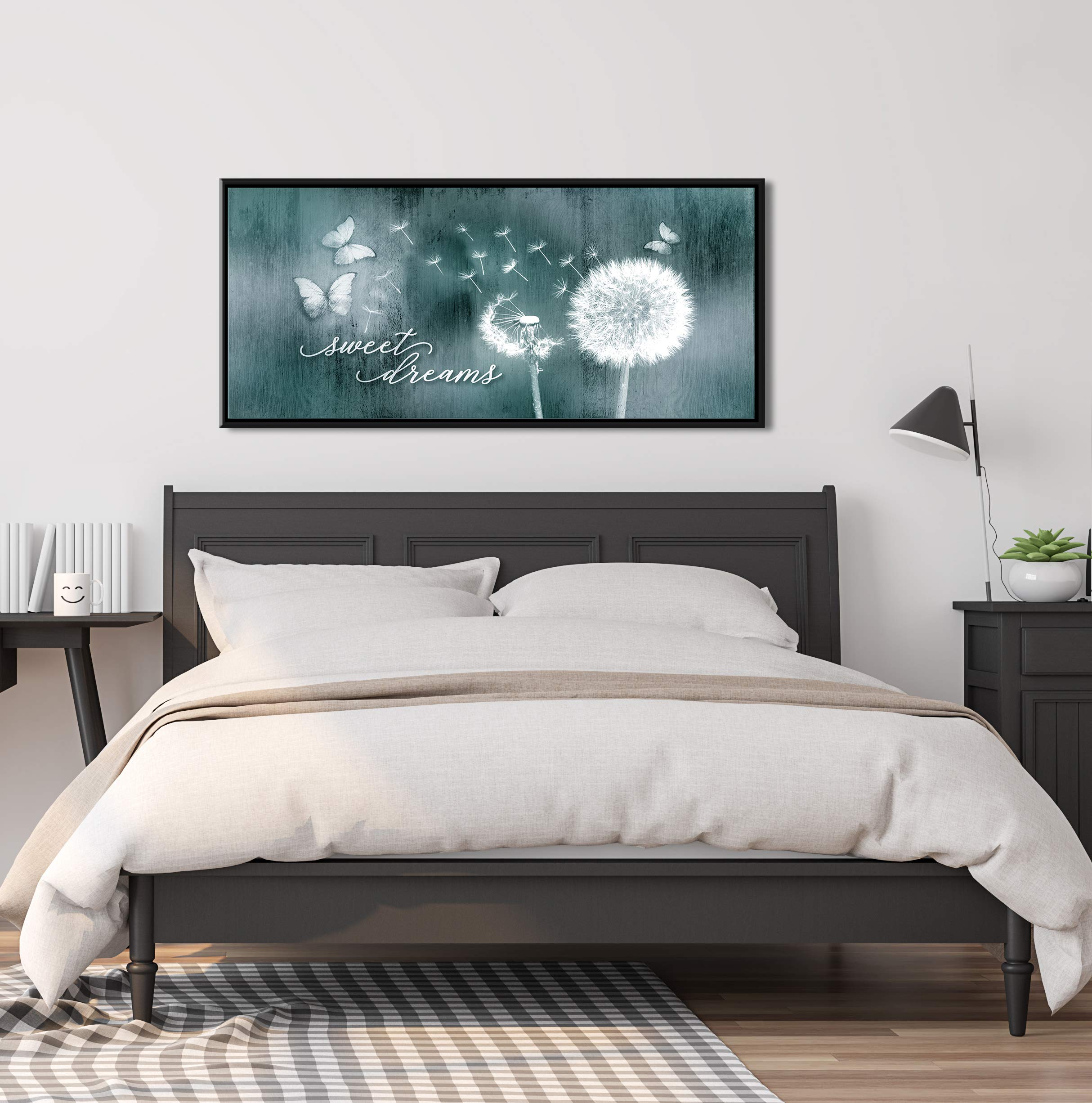 Sweet Dreams Dandelion Wall Art - Large Floating Frame Bedroom Decor (42x19) | Modern Master Bedroom Wall Decor | Above Bed Wall Art in Teal & Black | Perfect for Home, Office & Nursery Decor