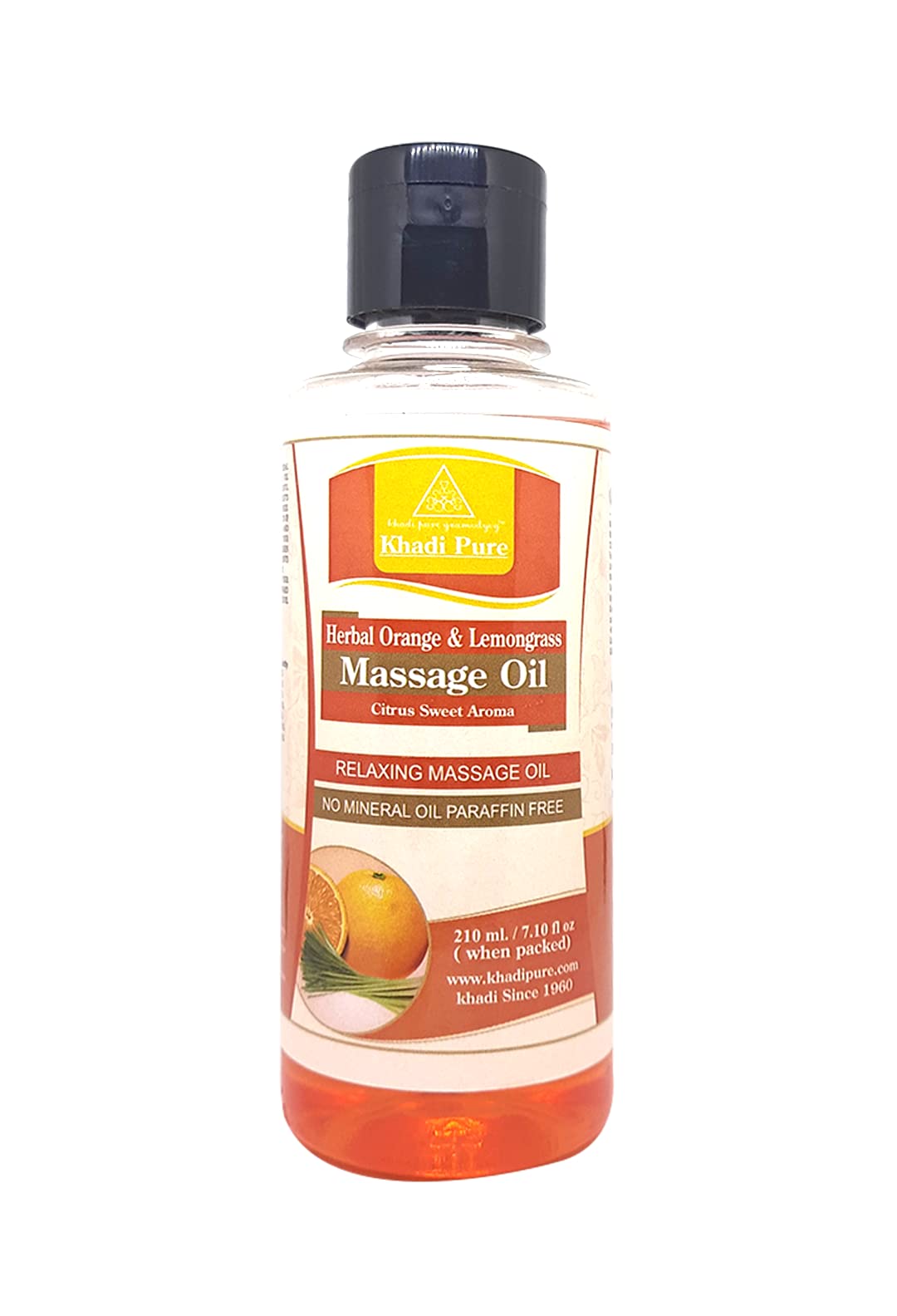 Khadi Pure Herbal Orange & Lemongrass Massage Oil - 210ml | Mineral Oil Free, Natural Aromatherapy for Relaxation & Stress Relief | Perfect for Spa, Yoga & Home Wellness