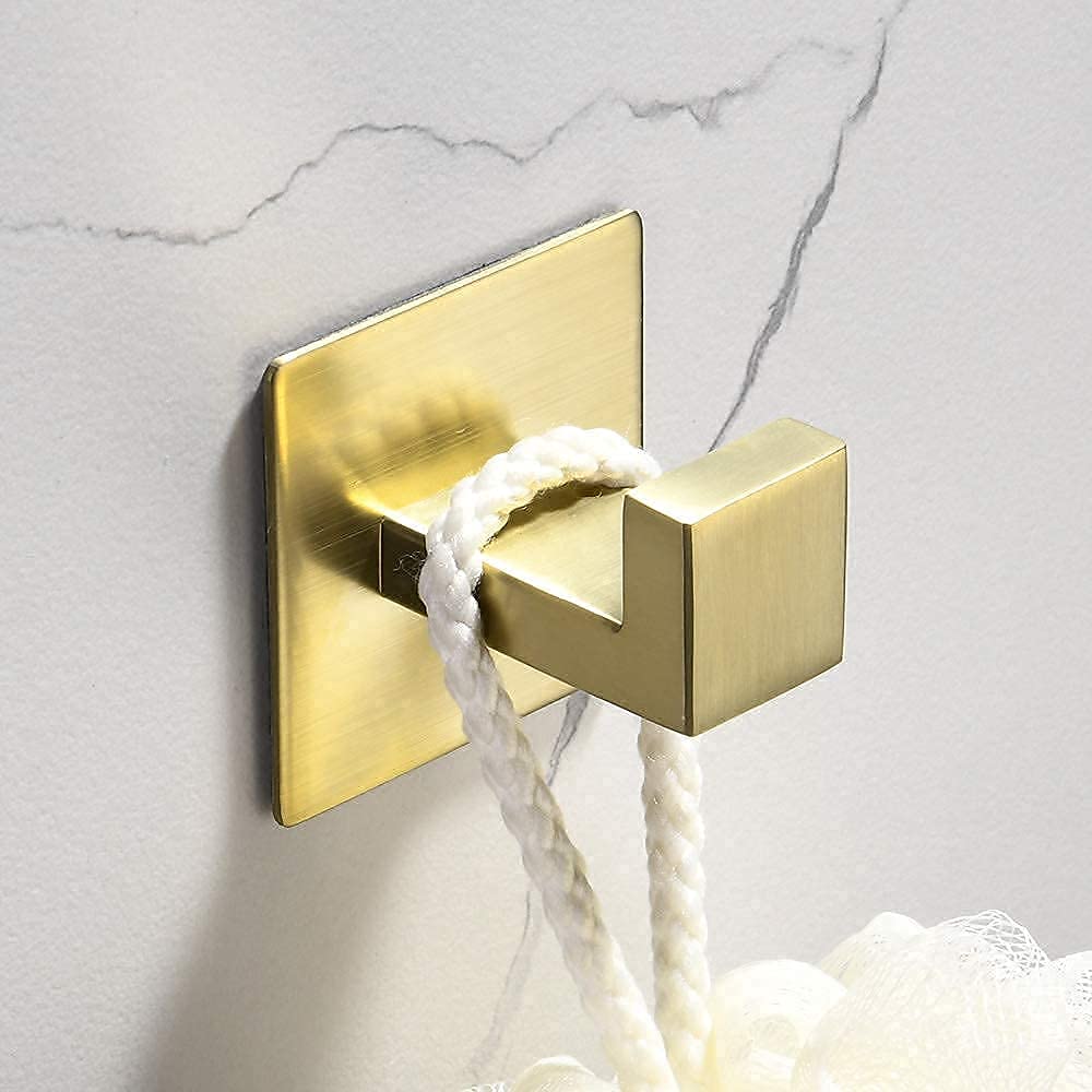 WOLIBEER Self-Adhesive Gold Wall Hooks - No Drill Bathroom & Kitchen Towel Hooks, Door Hooks, Robe Hooks (2 Pack) - Perfect for Hanging Towels, Robes, and Keys in Bathrooms, Kitchens, and Entryways