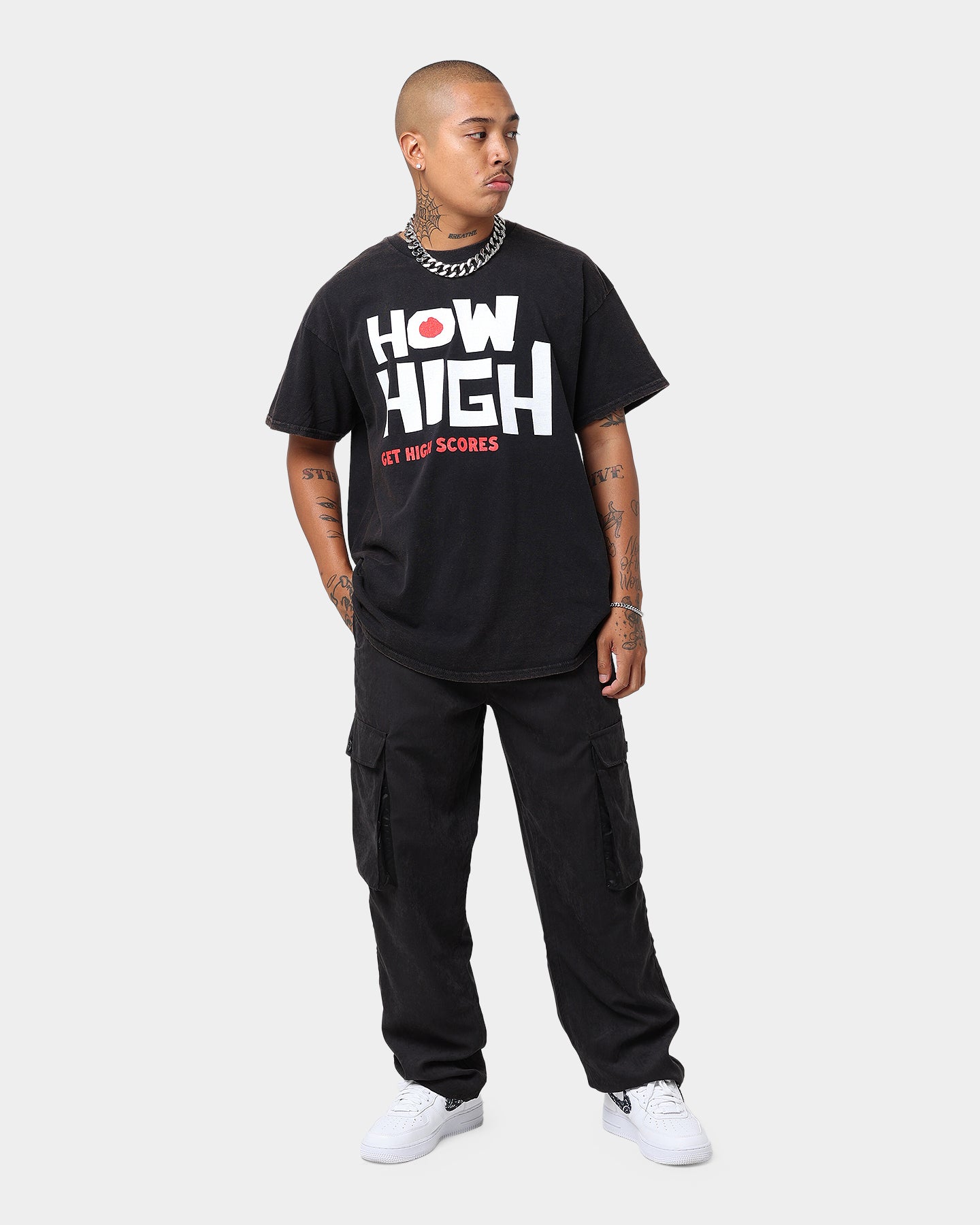 Vintage Washed Black T-Shirt - American Thrift X 420 How High Retro Style Tee for Casual Wear & Street Fashion