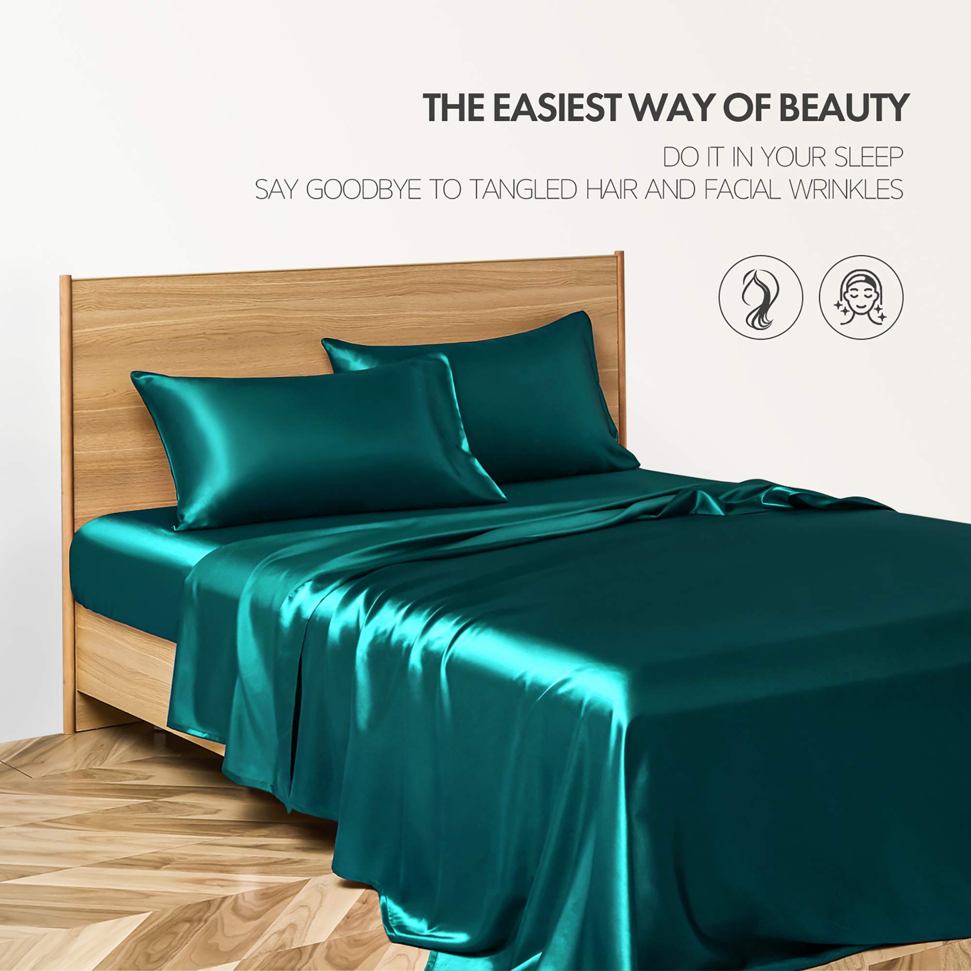 Soft Luxurious 6-Piece Teal Blue 100% Silk Satin Bed Sheet Set - Queen Size (Flat Sheet + Fitted Sheet 15'' Deep Pocket + 4 Pillowcases) - Breathable, Durable Satin Sheets for Hotel-Style Comfort - Perfect for Master Bedroom, Guest Room & Luxury Home Decor