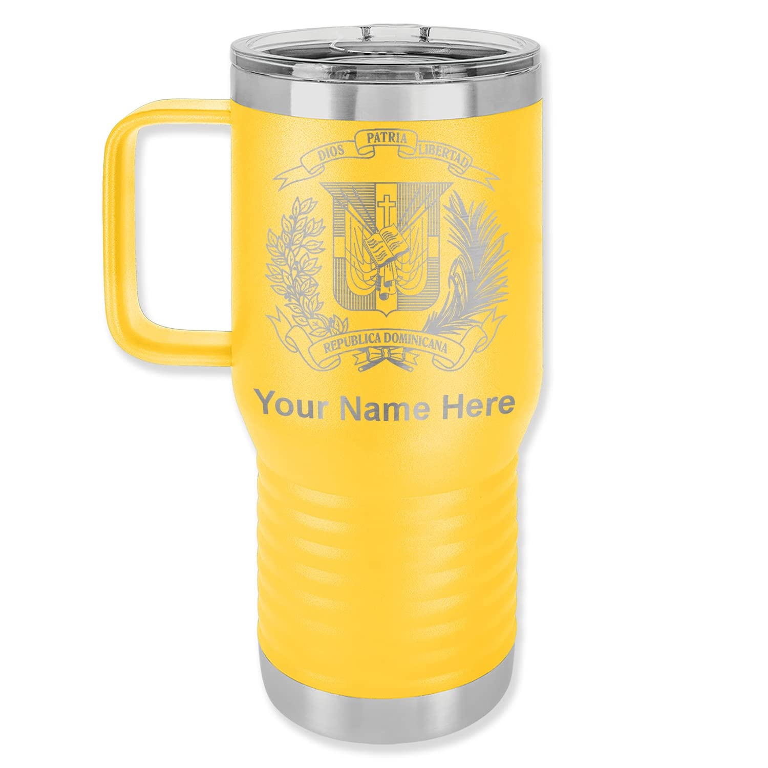 LaserGram 20oz Vacuum Insulated Stainless Steel Travel Mug with Handle - Personalized Engraving, Coat of Arms Dominican Republic Design (Yellow) - Perfect for Coffee, Tea & Hot/Cold Beverages On The Go, Office, Commute & Outdoor Adventures