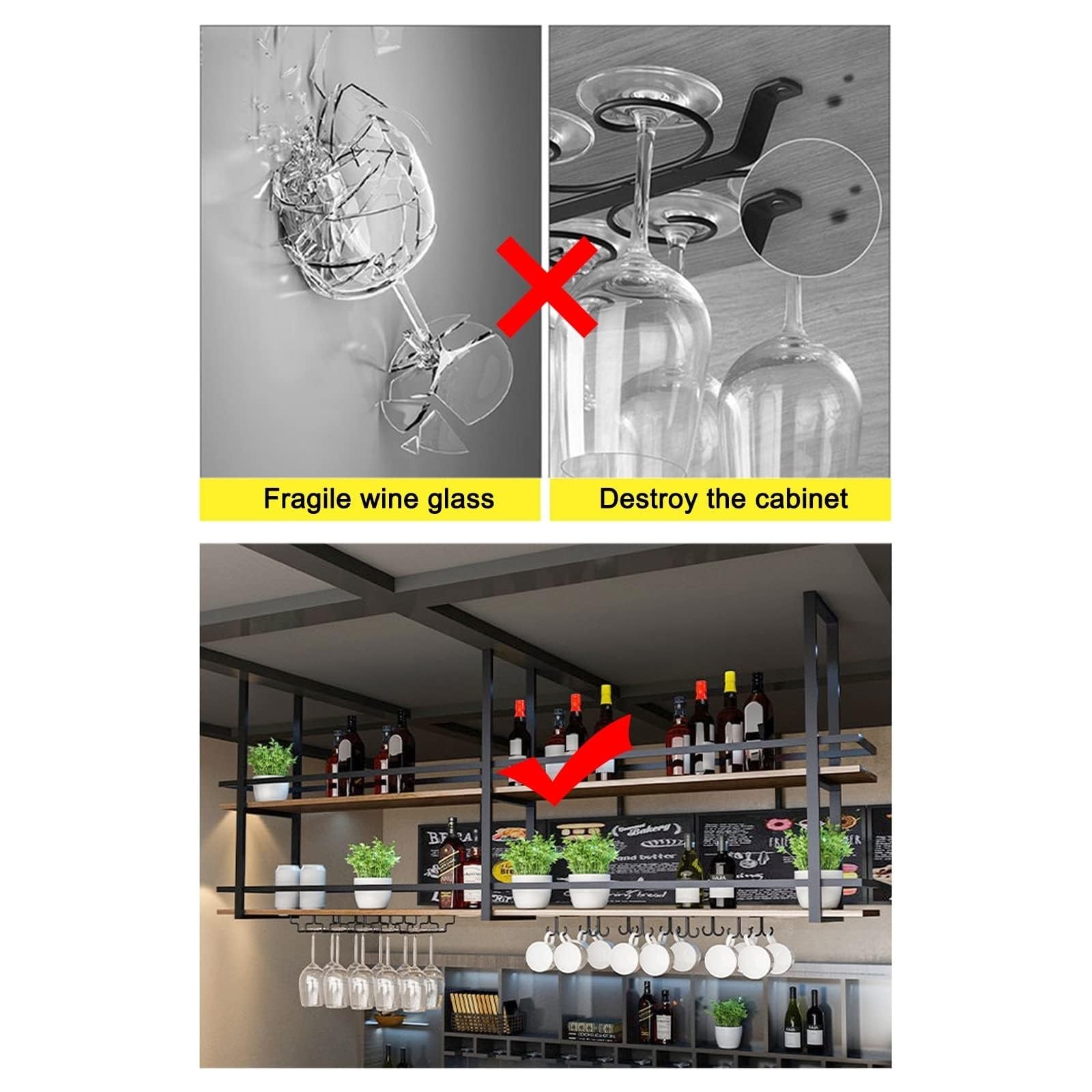 Hanging Wine Glass Rack - Solid Wood Ceiling Wine Shelf with Guard Rails, Wall Mounted Kitchen Storage for Wine Glasses (80x30x80cm) - Perfect for Kitchen, Bar, Loft & Home Decor