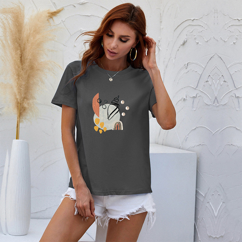 LOVEVOP Women's Short Sleeve Cartoon Print Crew Neck T-Shirt - Summer Fashion Casual Top for Women - Wholesale Cross Border T-Shirts | Perfect for Daily Wear, Street Style & Summer Outfits