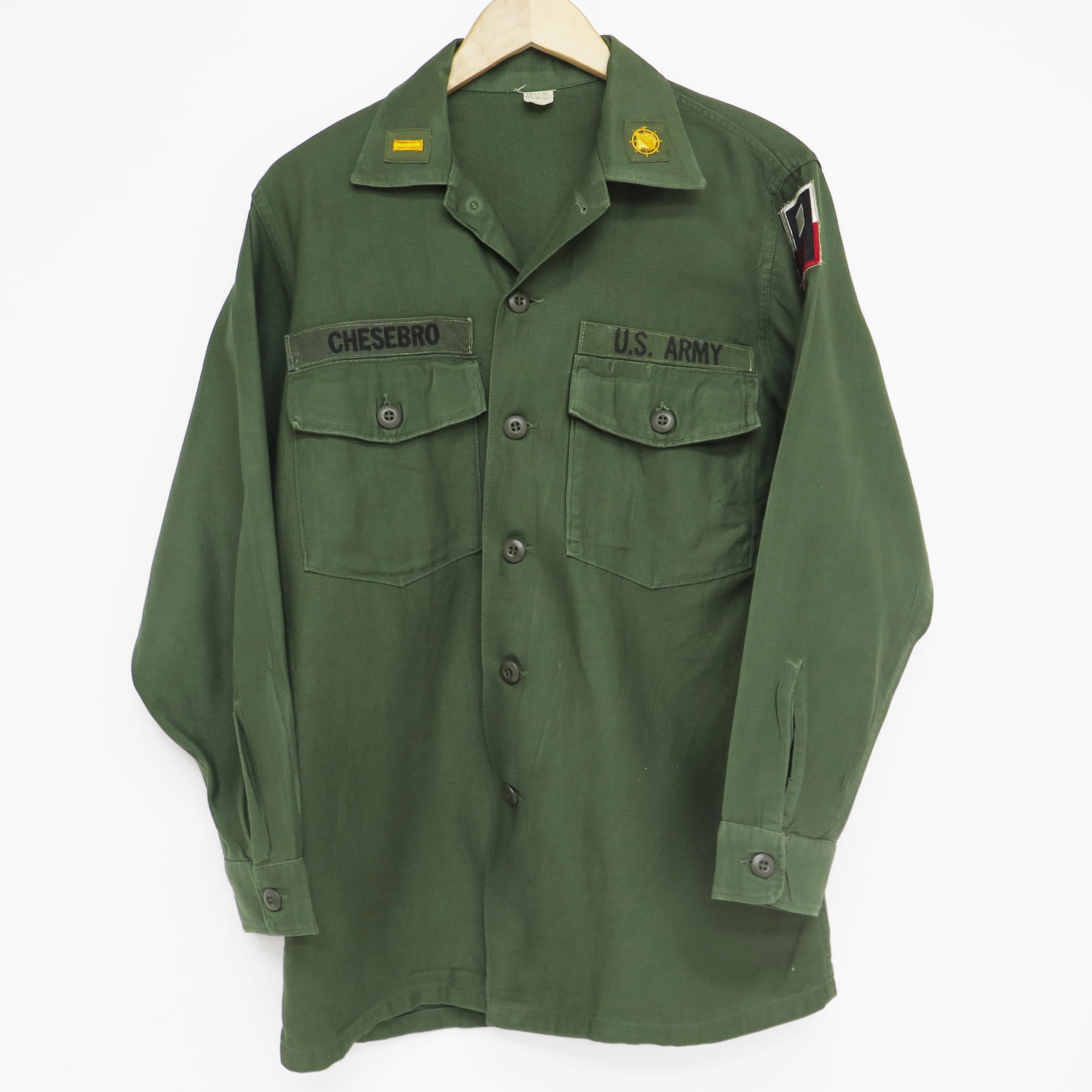 Vintage 1967 US Army Utility Shirt P64 - 1st Army Lieutenant Transportation Corps Patch - Size 15.5x31 - Military Collectible & Reenactment Uniform for History Buffs