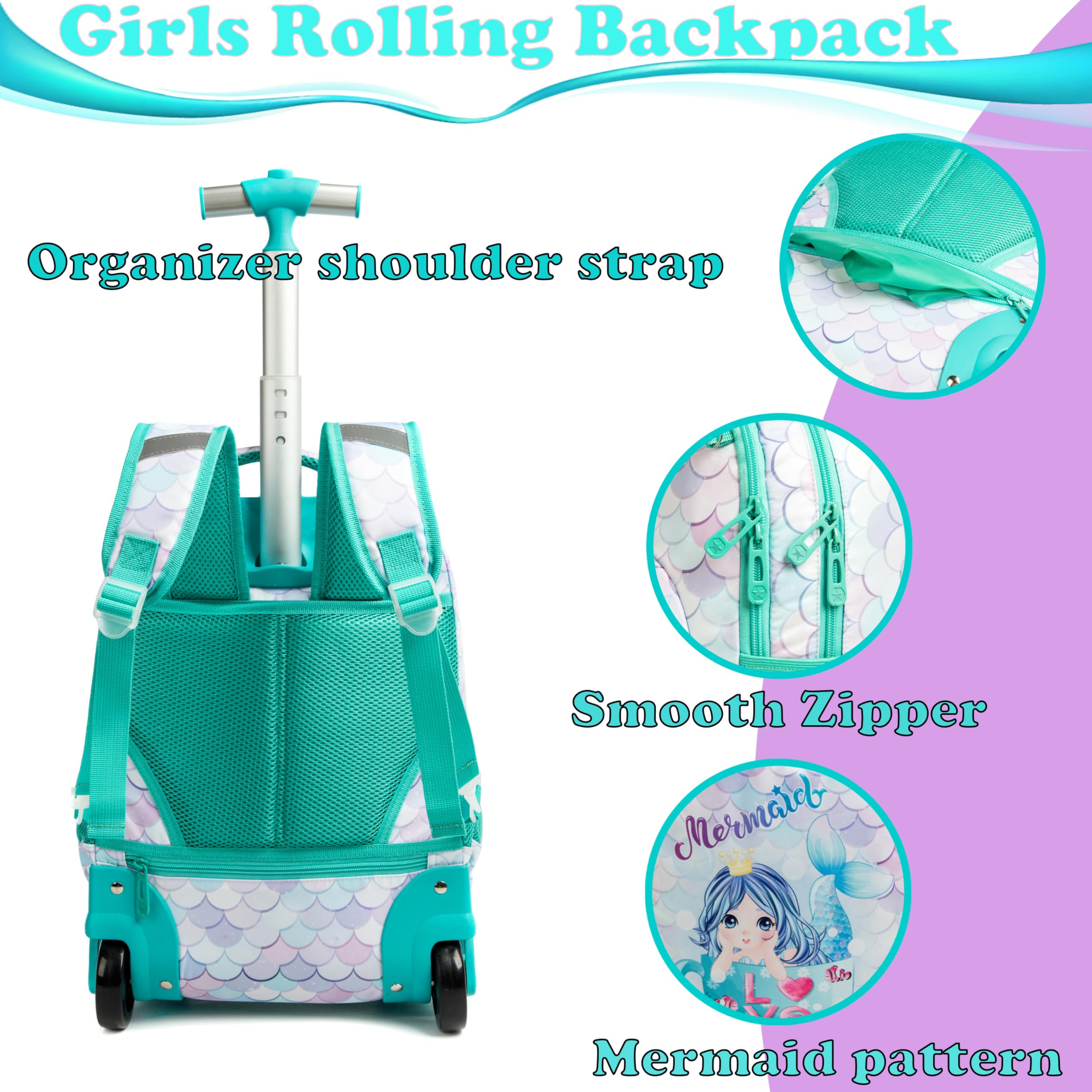 **Egchescebo Mermaid Rolling Backpack for Girls - Kids Wheeled Luggage & Travel Suitcase with Wheels, Toddler Bookbag for School, Lunch, and Elementary - Perfect for Travel, School, and Daily Use (Green)**