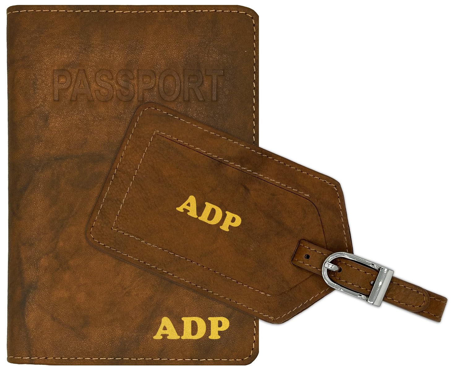 Personalized Monogrammed Antique Saddle Leather RFID Passport Cover Holder & Luggage Tag - Travel Essentials for International Trips & Business Travel Accessories