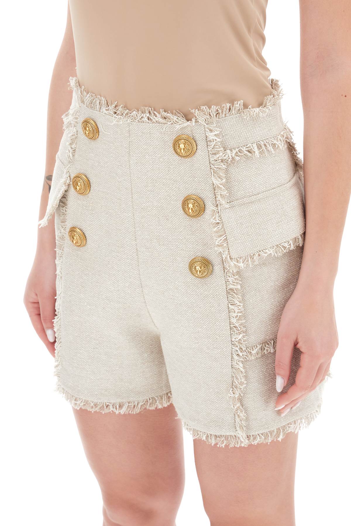 Balmain Frayed Linen Shorts with Gold Tone Buttons - Stylish Summer Casual Wear for Women | Perfect for Beach, Vacation & Everyday Outfits