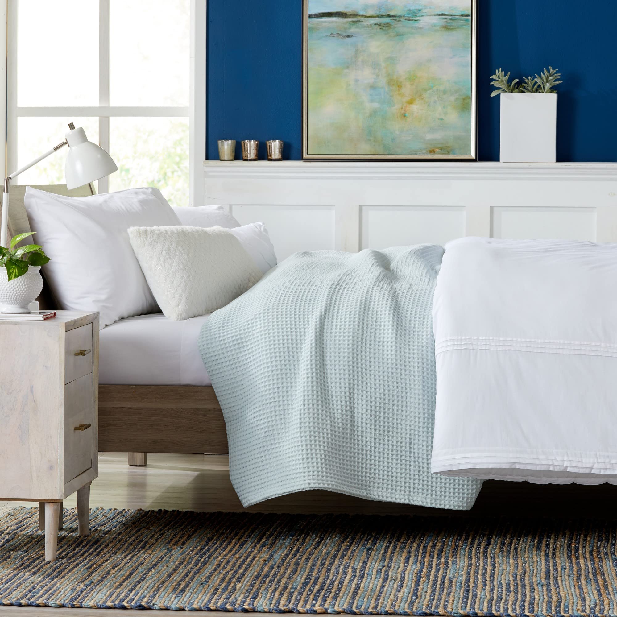 100% Cotton Waffle Weave Blanket - Ultra Soft & Breathable All Season Bedding | King Size Lightweight Throw for Bed, Sofa & Travel | Brielle Collection in Icy Blue | Perfect for Cozy Nights, Guest Rooms & Layering