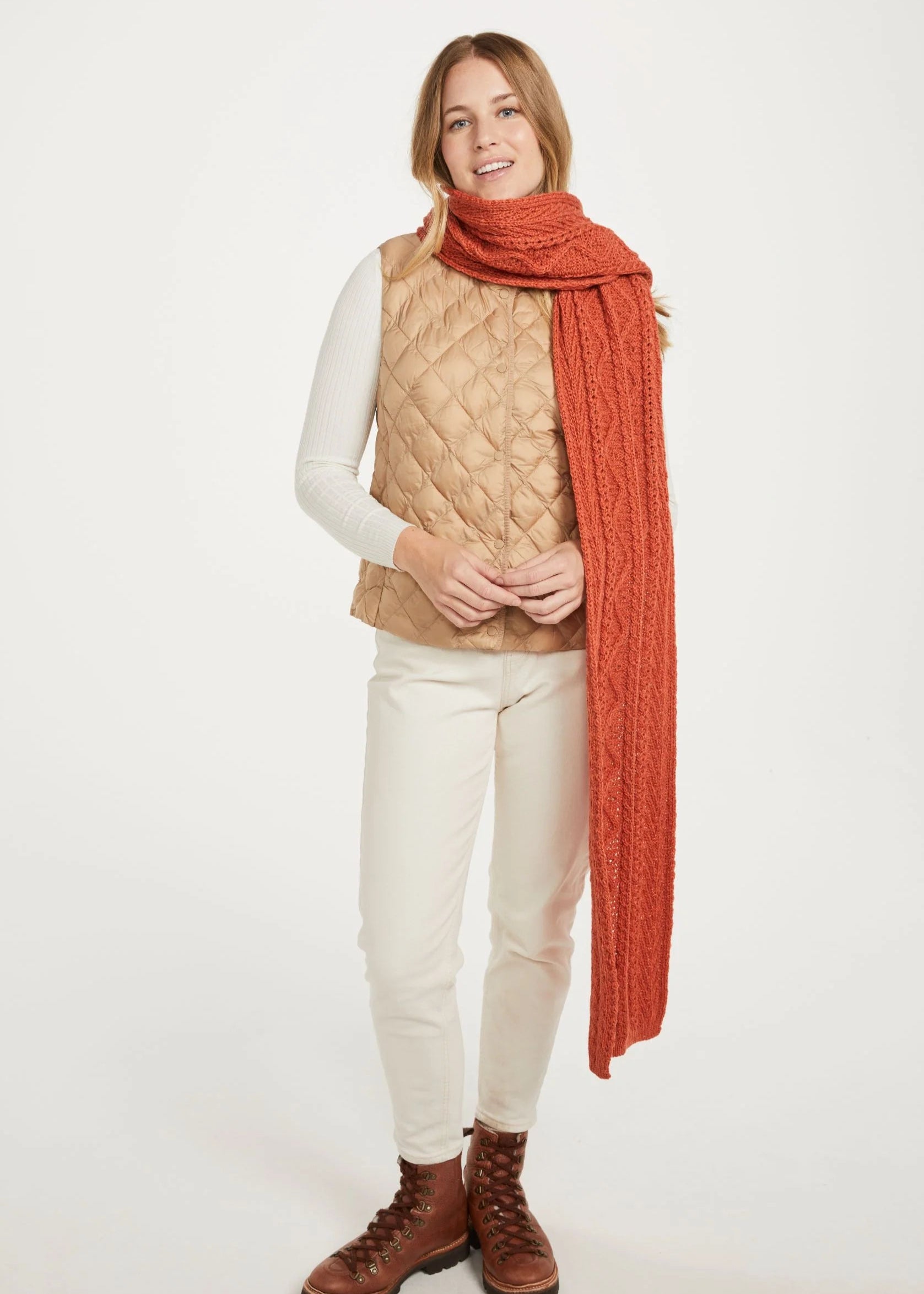 Warm Aran Scarf in Russet - Soft Wool Knit for Winter | Perfect for Cold Weather, Outdoor Activities & Fashion Accessories