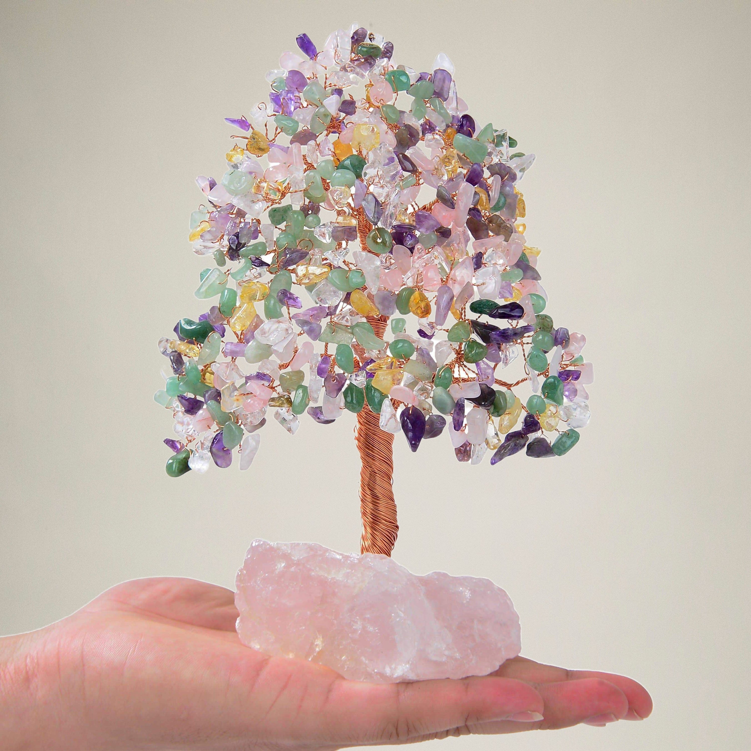 Handcrafted Bonsai Tree of Life with 414 Crystals on Rose Quartz Base - Spiritual Healing Decor for Home, Office & Meditation Space