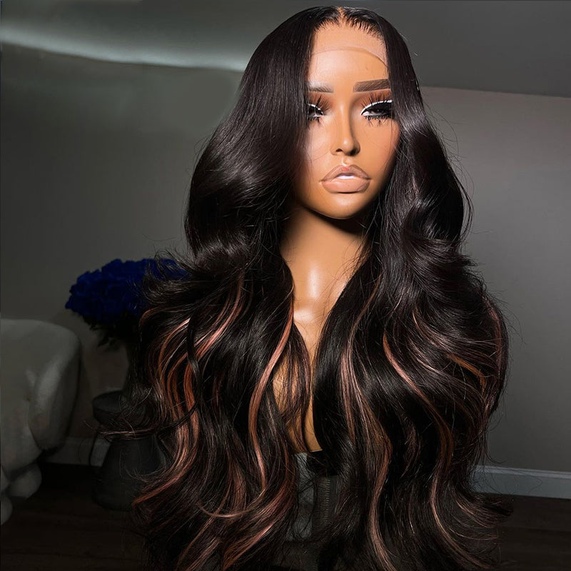 Eullair Body Wave Human Hair Wig with Pink Highlights - Glueless Lace Frontal Wig for Women - Perfect for Daily Wear, Parties & Cosplay