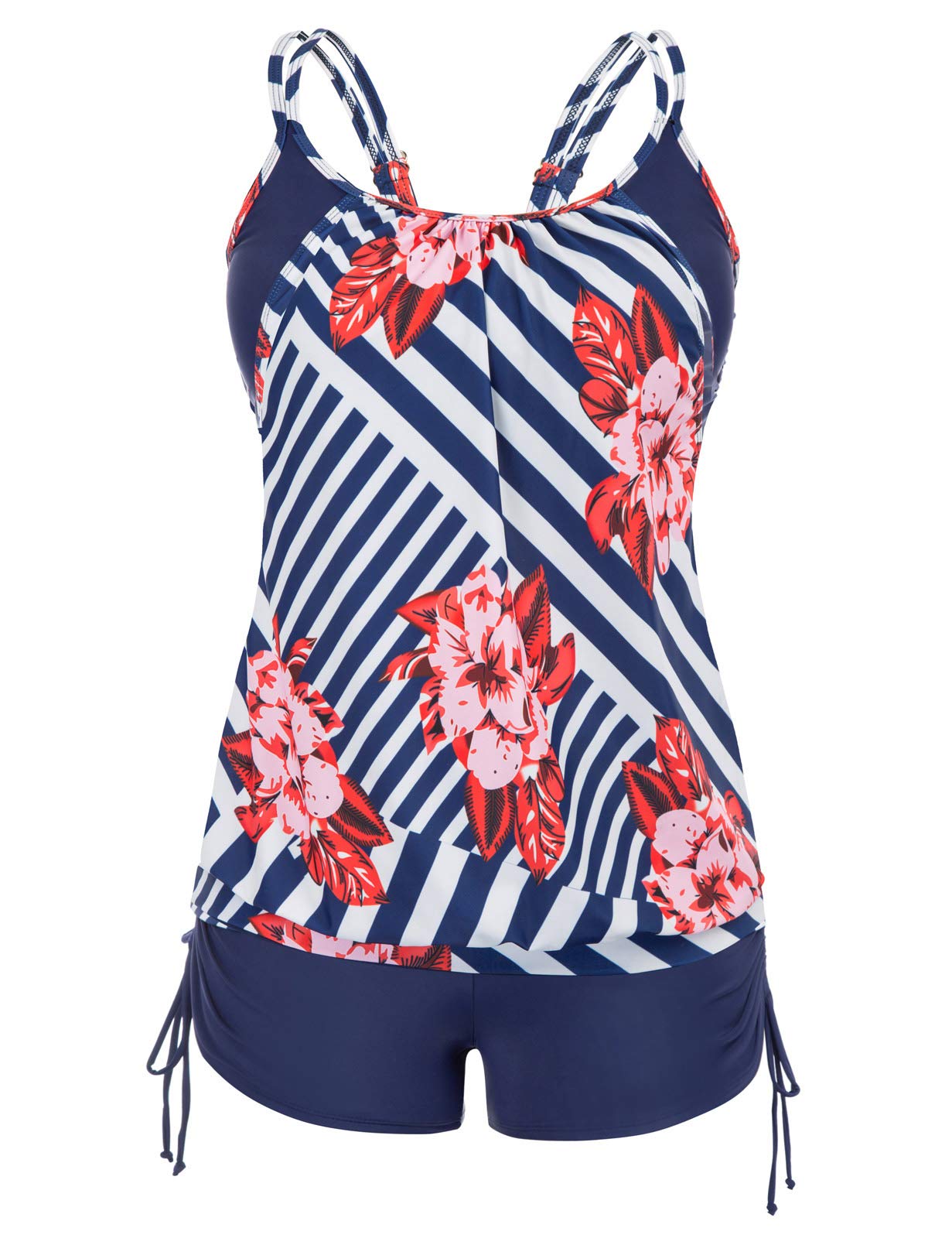 Hanna Nikole Women's Plus Size Striped Printed Tankini Top with Shorts - 2 Piece Swimsuit Set for Beach, Pool & Vacation | Comfortable Strappy Design for Curvy Figures