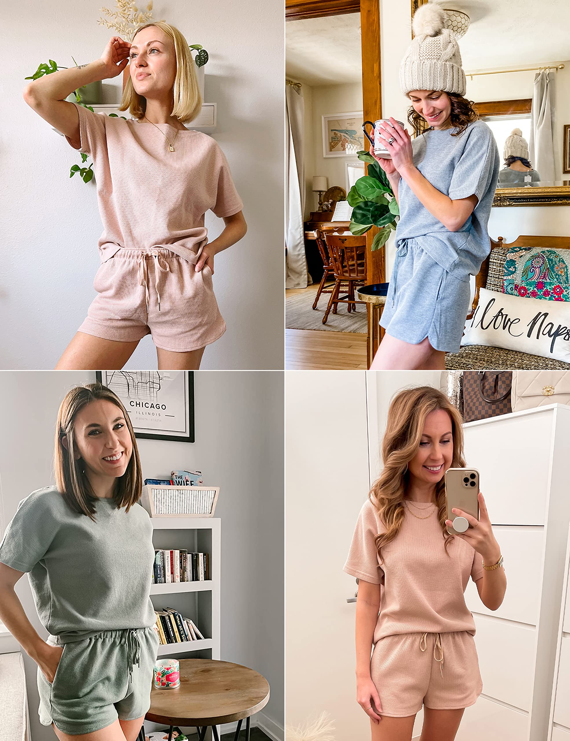 MEROKEETY Women's Short Sleeve Waffle Pajama Set - Soft Lounge Top & Comfy Shorts 2-Piece Sleepwear Outfit for Cozy Nights & Relaxing at Home