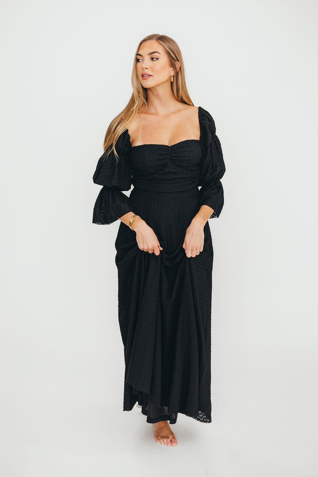 Corrine Tiered Sleeve Maxi Dress with Pockets - Bump Friendly Maternity Dress in Black | Perfect for Pregnancy, Nursing, and Special Occasions