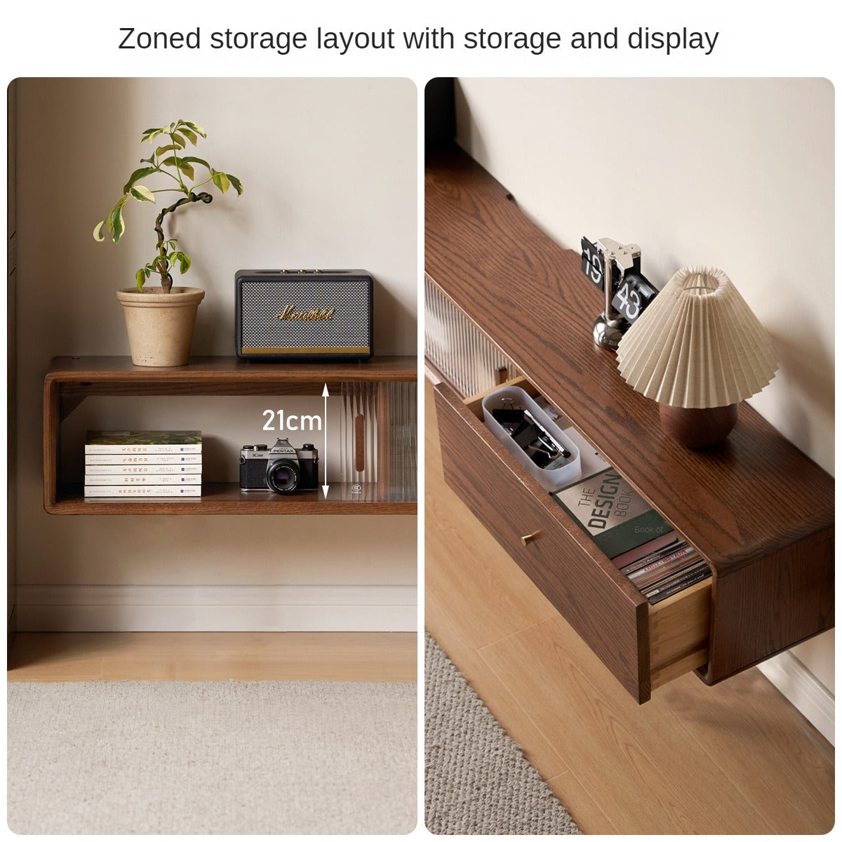 Solid Oak Wood Floating Glass Sliding Door TV Stand - Modern Entertainment Center for Living Room & Home Theater