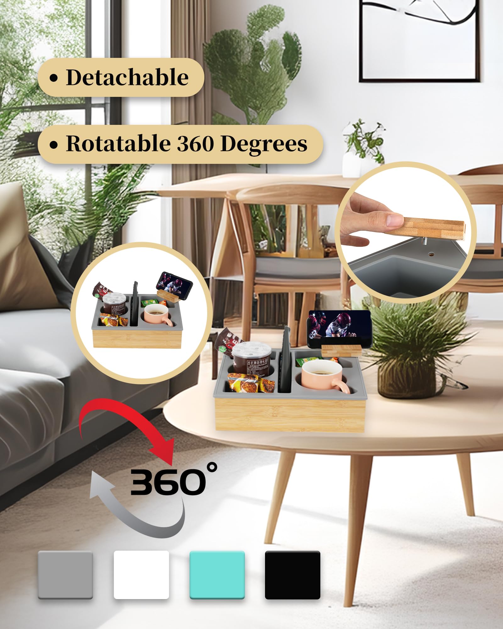 Hitseon Rotatable Silicone Bamboo Couch Cup Holder Tray - Waterproof Anti-Spill Sofa Caddy with Phone Holder for Bed, Car Seat & Living Room - Perfect for Snacks, Beverages & Remote Control (White) - Ideal for Movie Nights, Road Trips & Relaxing at Home
