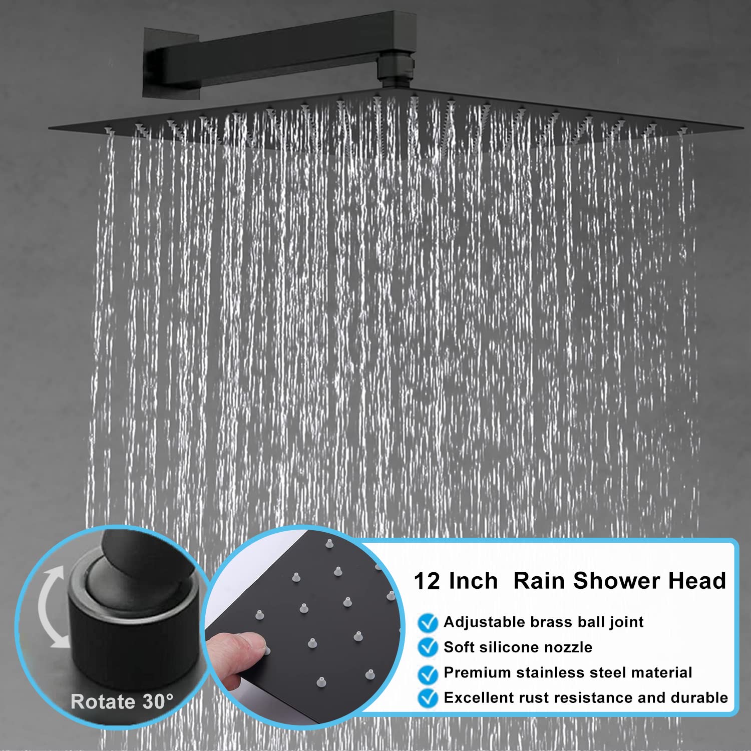 12 Inch Black Thermostatic Shower System - Wall Mounted Full Body Shower Faucet Set with 4PCS Body Jets | Modern Bathroom Fixtures for Spa-Like Experience at Home