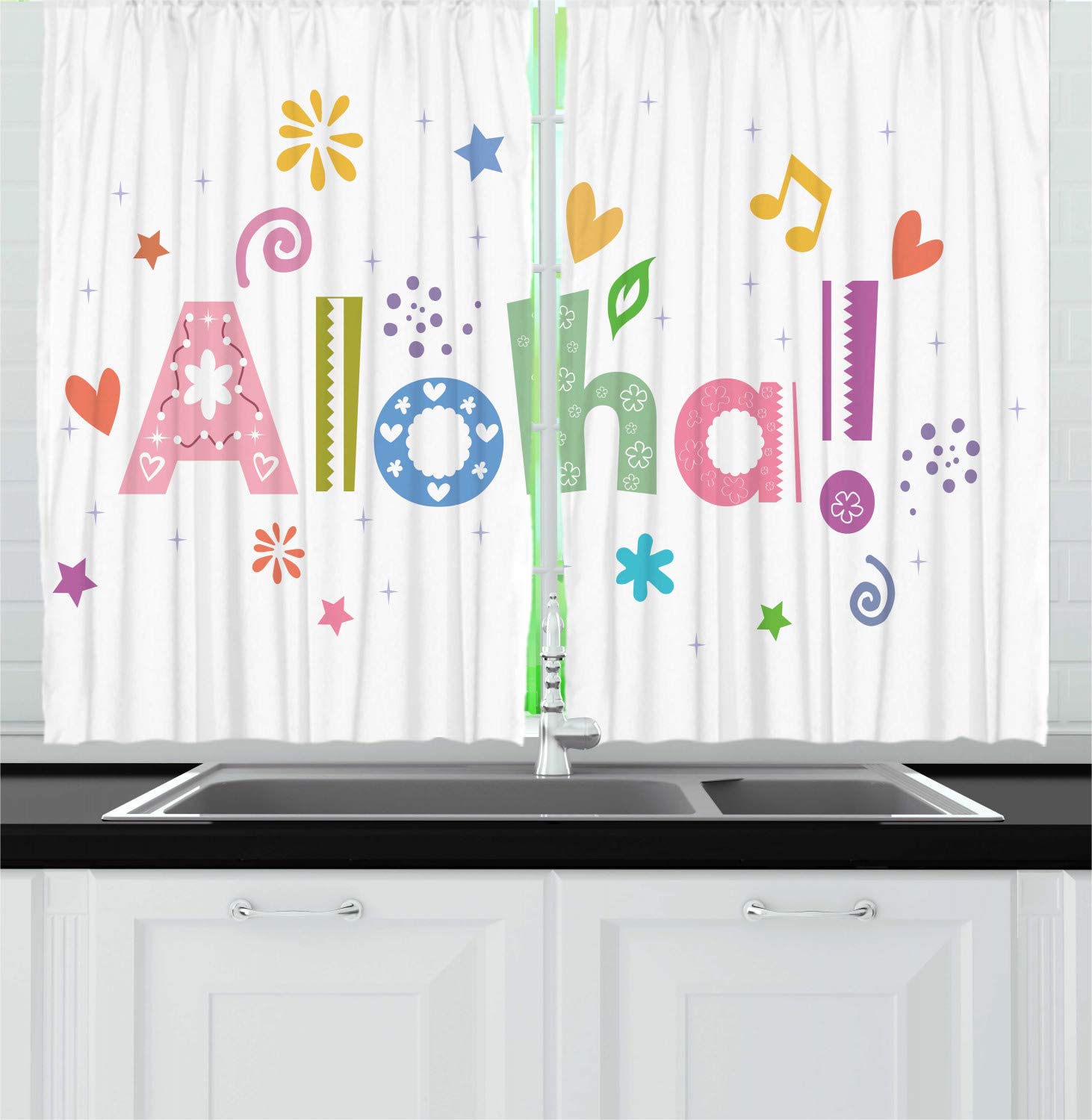 Ambesonne Hawaiian Kitchen Curtains Set of 2 - Colorful Aloha Tropical Floral Print with Swirls & Hearts, 55 x 39 Inch Window Drapes for Kitchen & Cafe Decor - Perfect for Beach House, Tiki Bar & Tropical Themed Rooms