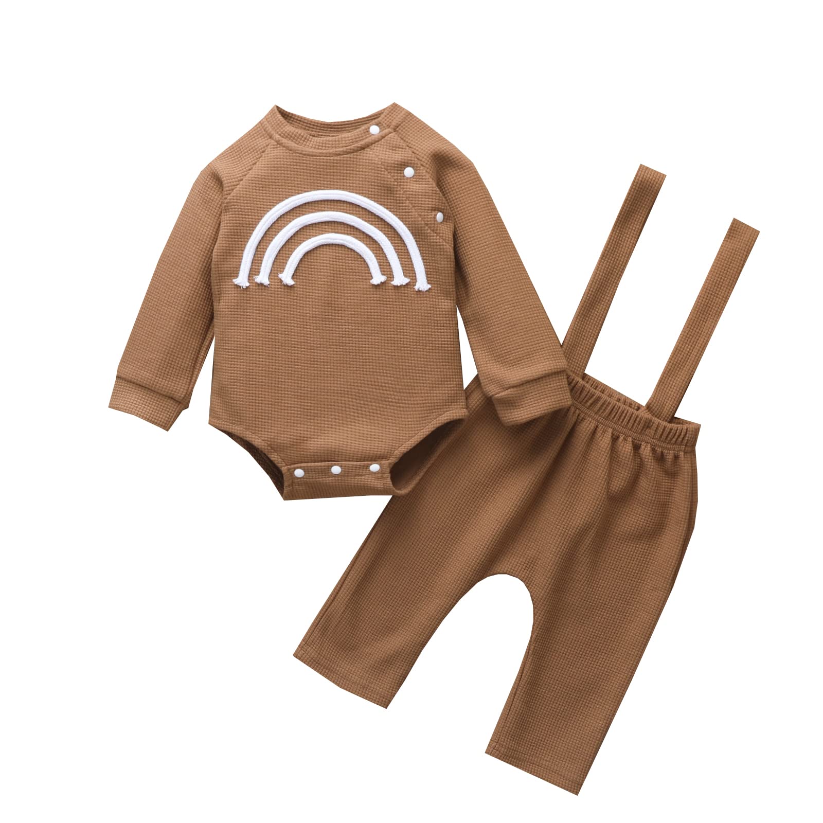 Boho Rainbow Waffle Ribbed Romper Set for Newborn Baby Boys - Long Sleeve Top + Suspenders Overalls (Spring/Fall Outfits) - Perfect for Photoshoots, Playdates & Special Occasions