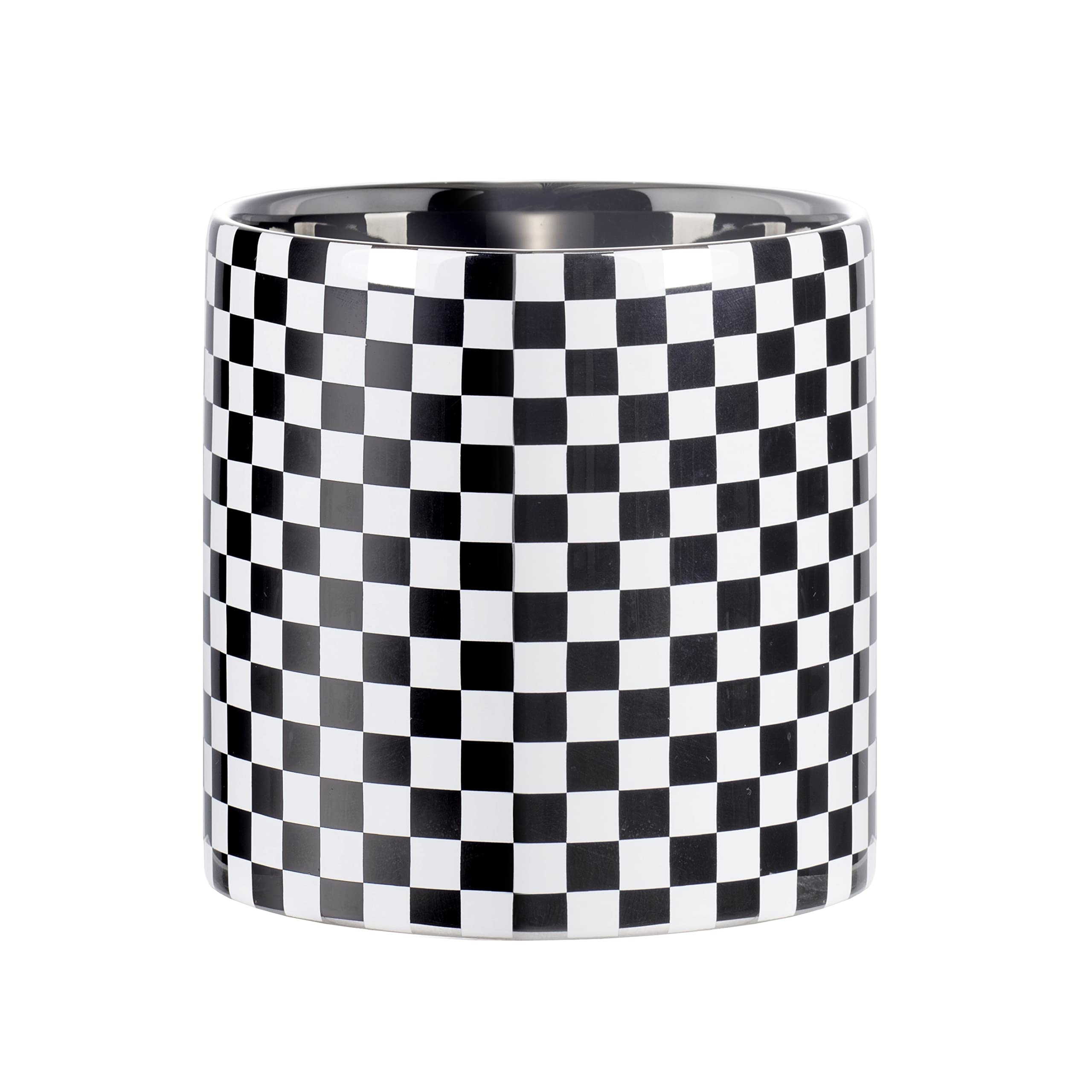 6-inch Polished Silver & White Checkered Square Ceramic Planter - Modern Round Flower Pot for Indoor Plants, Home Decor, Office Desk & Garden Decorations