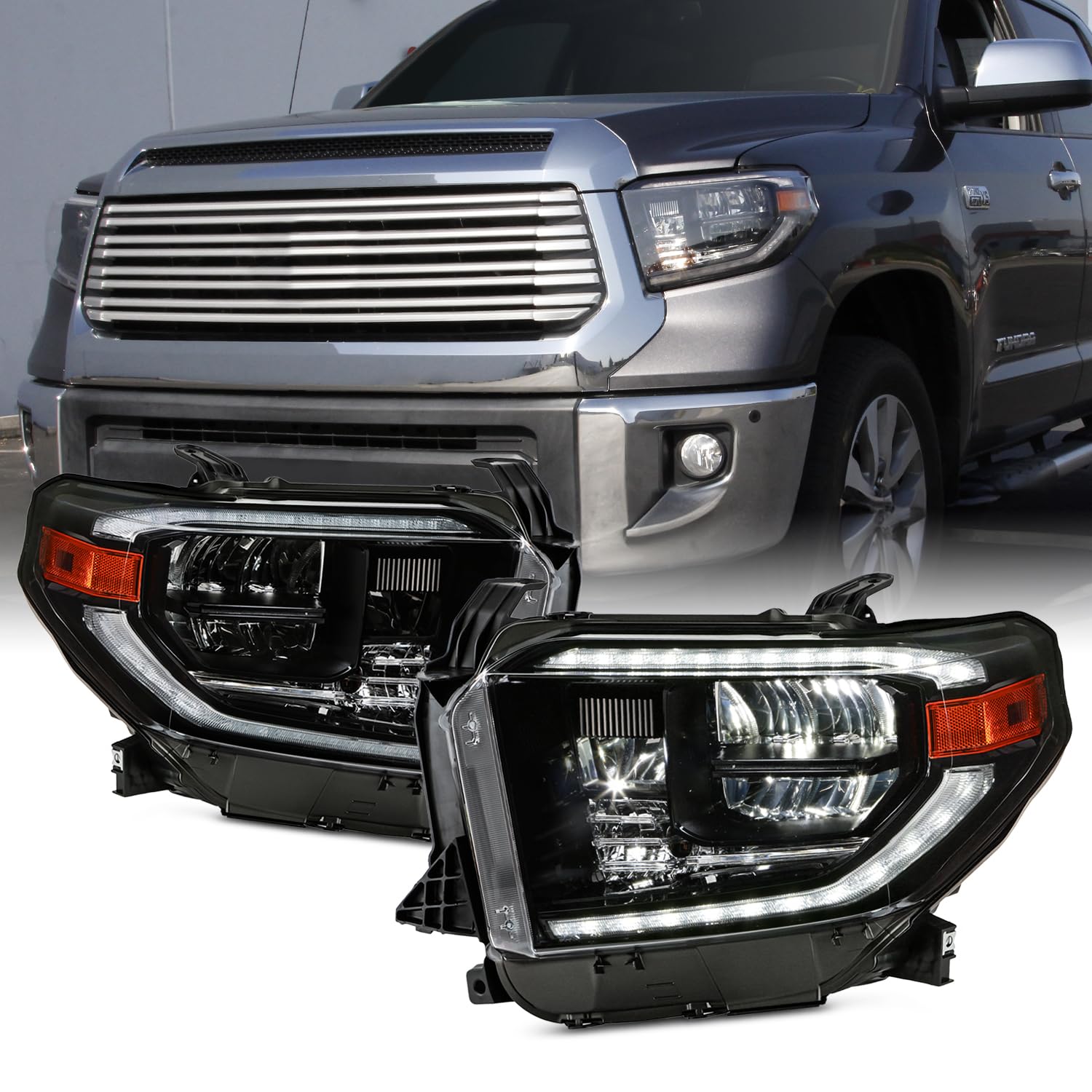 AKKON Full LED Headlight Assemblies for 2014-2021 Toyota Tundra with Factory LED DRL - Upgrade Replacement Headlights for Improved Night Visibility & Style - Perfect for Off-Roading, Night Driving & Custom Truck Modifications