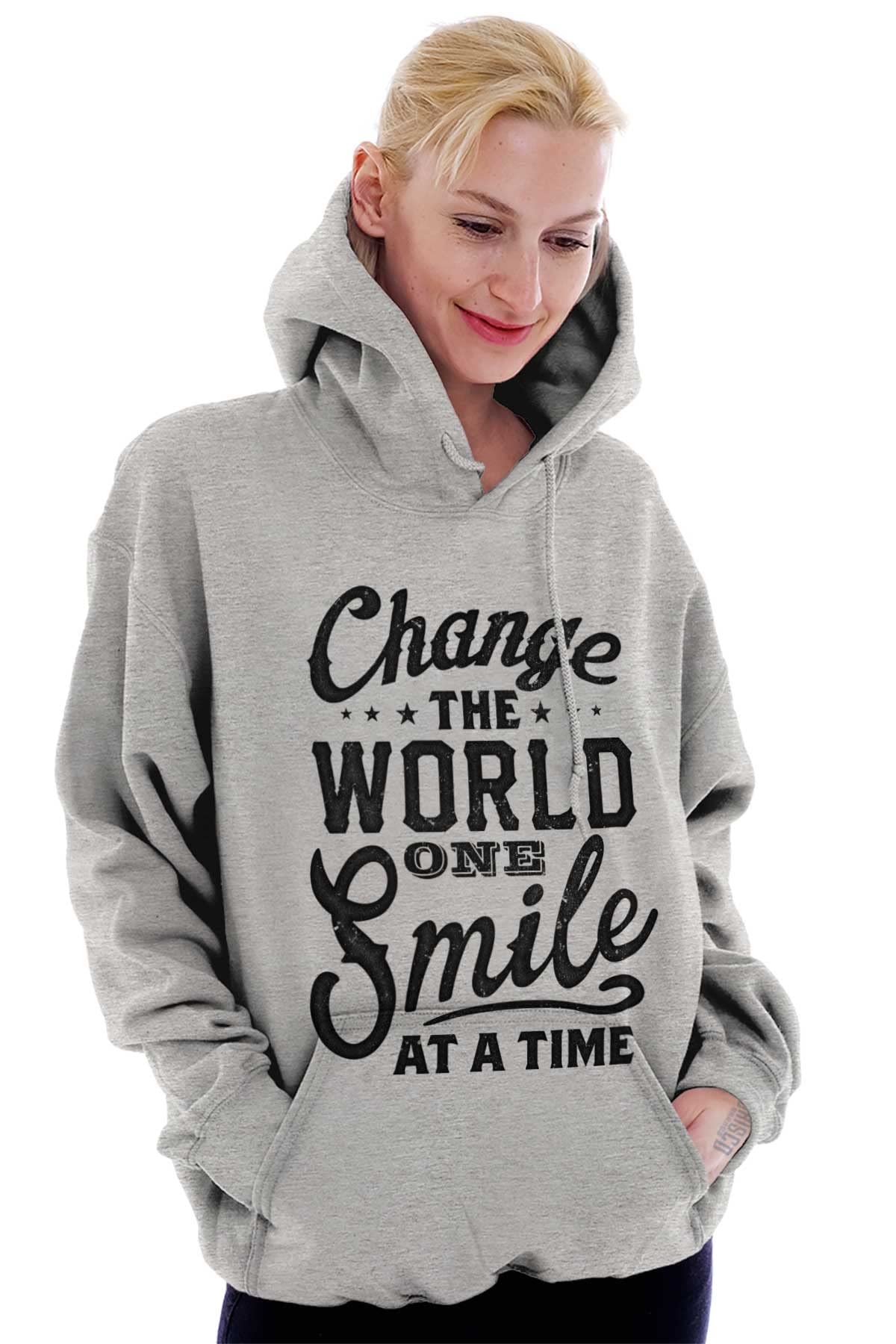 Brisco Brands Inspirational Hoodie Sweatshirt for Women - Change the World One Smile at a Time - Cozy Pullover for Casual Wear, Gym & Outdoor Activities