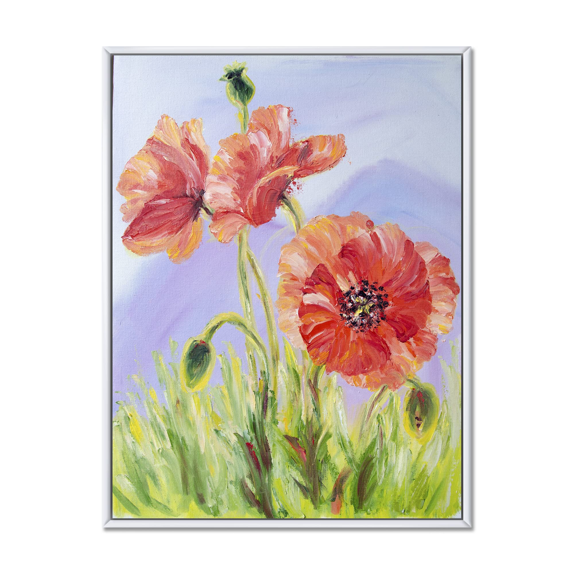 DesignQ Blossoming Poppies In The Morning IV - Traditional Framed Canvas Wall Art Print for Living Room, Bedroom & Office Decor | Floral Painting Home Decoration