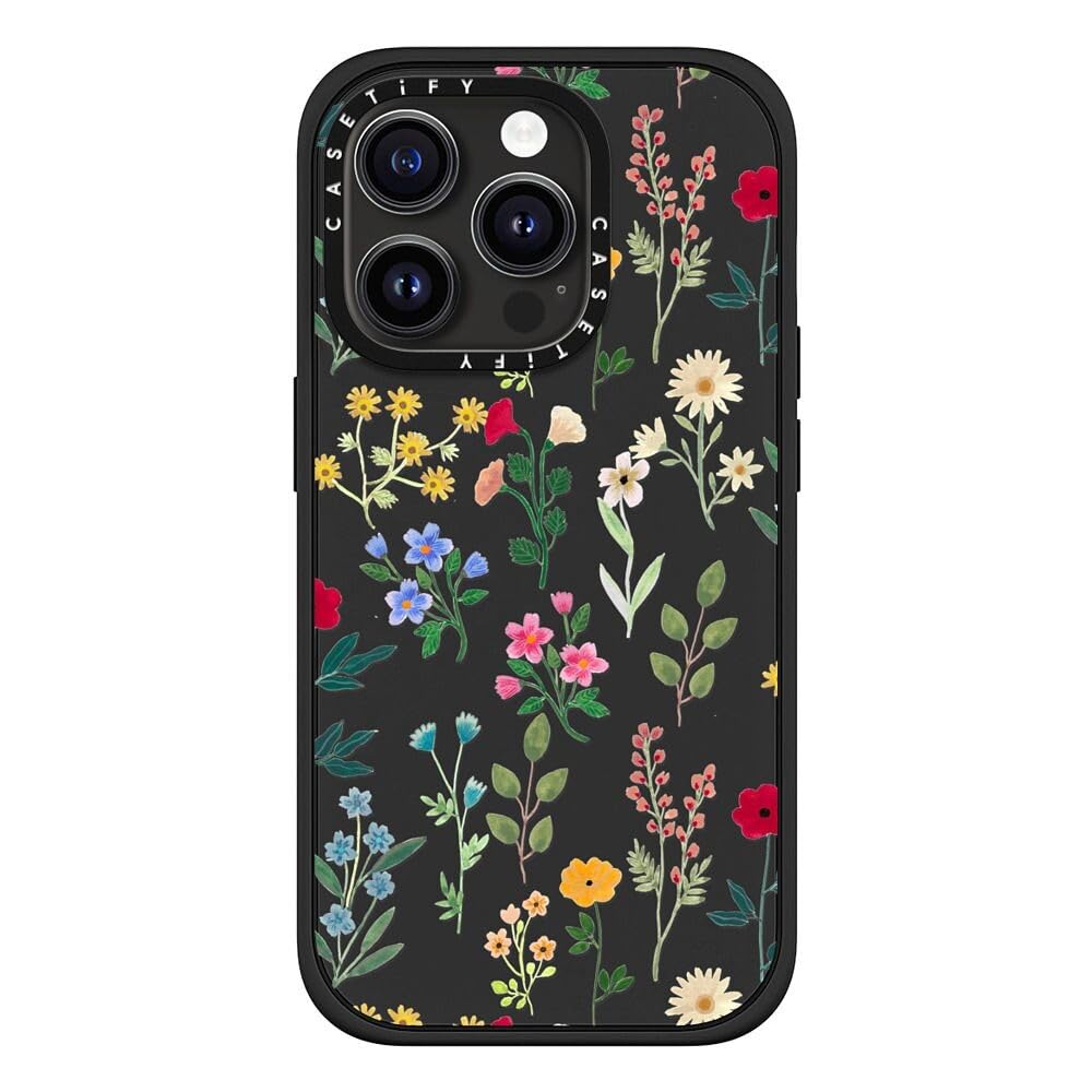 CASETiFY Impact Case for iPhone 15 Pro - 4X Military Grade Drop Protection (8.2ft Tested) - Flower Print Design - Spring Botanics Collection - Matte Black - Durable Phone Cover for Outdoor Activities & Daily Use