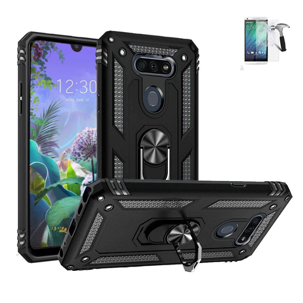Shockproof Phone Case for LG Premier Pro Plus & Xpension Plus 3 - Slim Protective Cover with Built-in Ring Holder & Tempered Glass Screen Protector (Black) - Perfect for Daily Use, Outdoor Activities and Travel Protection