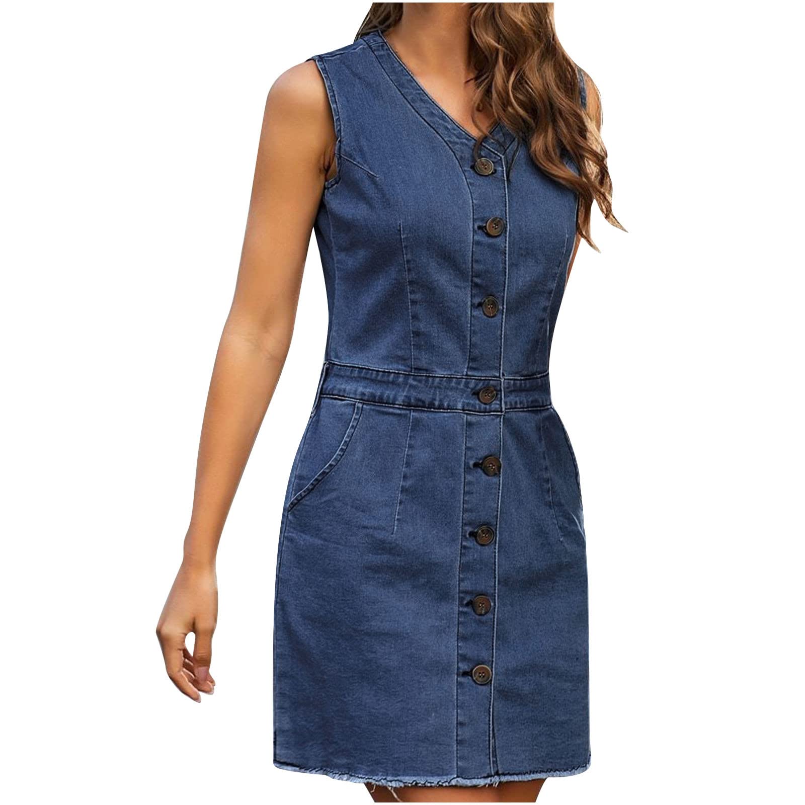 LAWOR Women's Summer Sundress - Sleeveless V-Neck Denim Button Dress for Beach, Vacation & Casual Wear | Knee-Length Solid Color Dress for Women