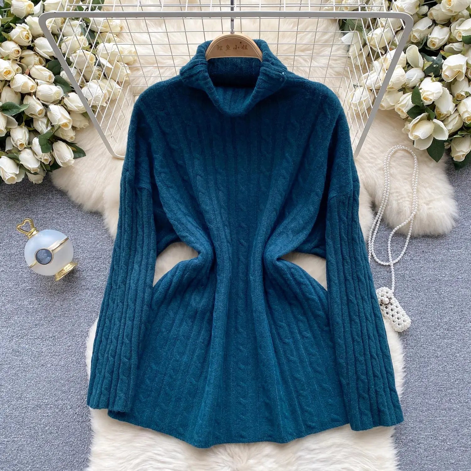 Women's Elegant High Neck Knit Sweater - Warm Winter Pullover with Long Sleeves, Loose Fit Crochet Top for Casual & Office Wear | Cozy Autumn Winter Fashion
