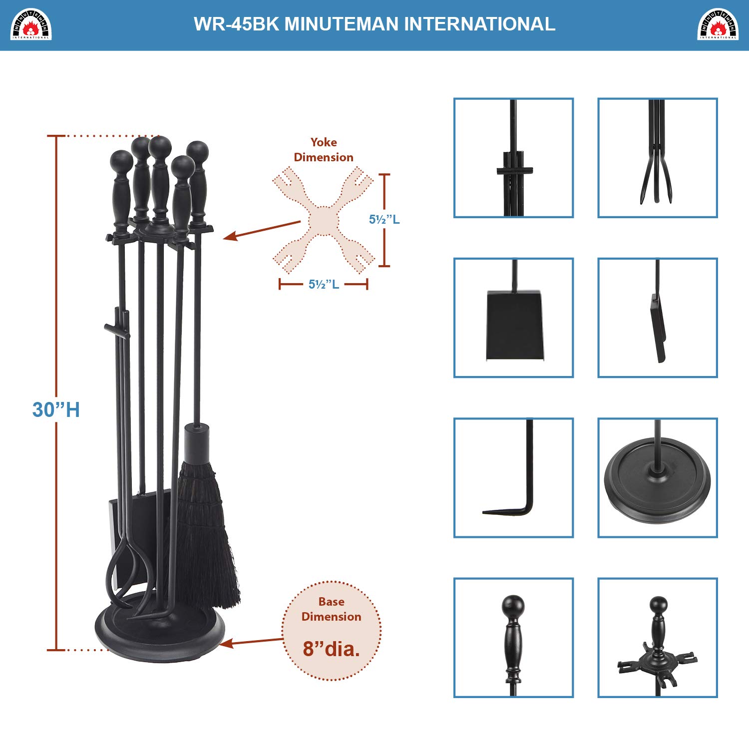 Premium Black Fireplace Tool Set - Heavy Duty Steel Fireplace Poker, Shovel, Brush & Stand - Perfect for Indoor & Outdoor Fire Pits, Wood Stoves & Fireplaces