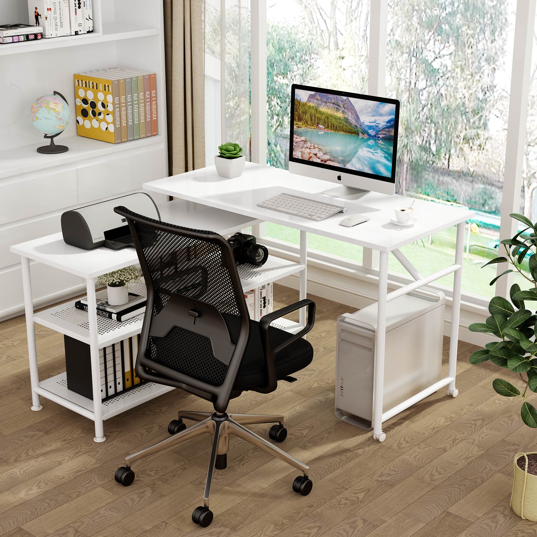 360° Rotating L-Shaped Computer Desk with Storage Shelves - Modern Home Office Workstation for Small Spaces, Gaming & Study