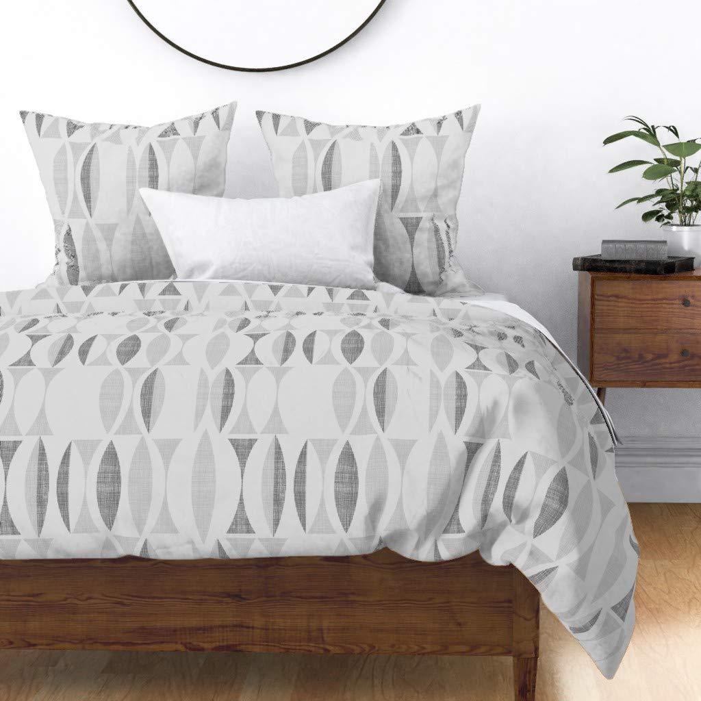 Custom Printed Spoonflower Cotton Sateen Duvet Cover King/California King Size - Light Gray Mid Century Modern Geometric Wave Design for Vintage Farmhouse Bedroom Decor | Perfect for Guest Rooms, Master Bedrooms & Airbnb Stays