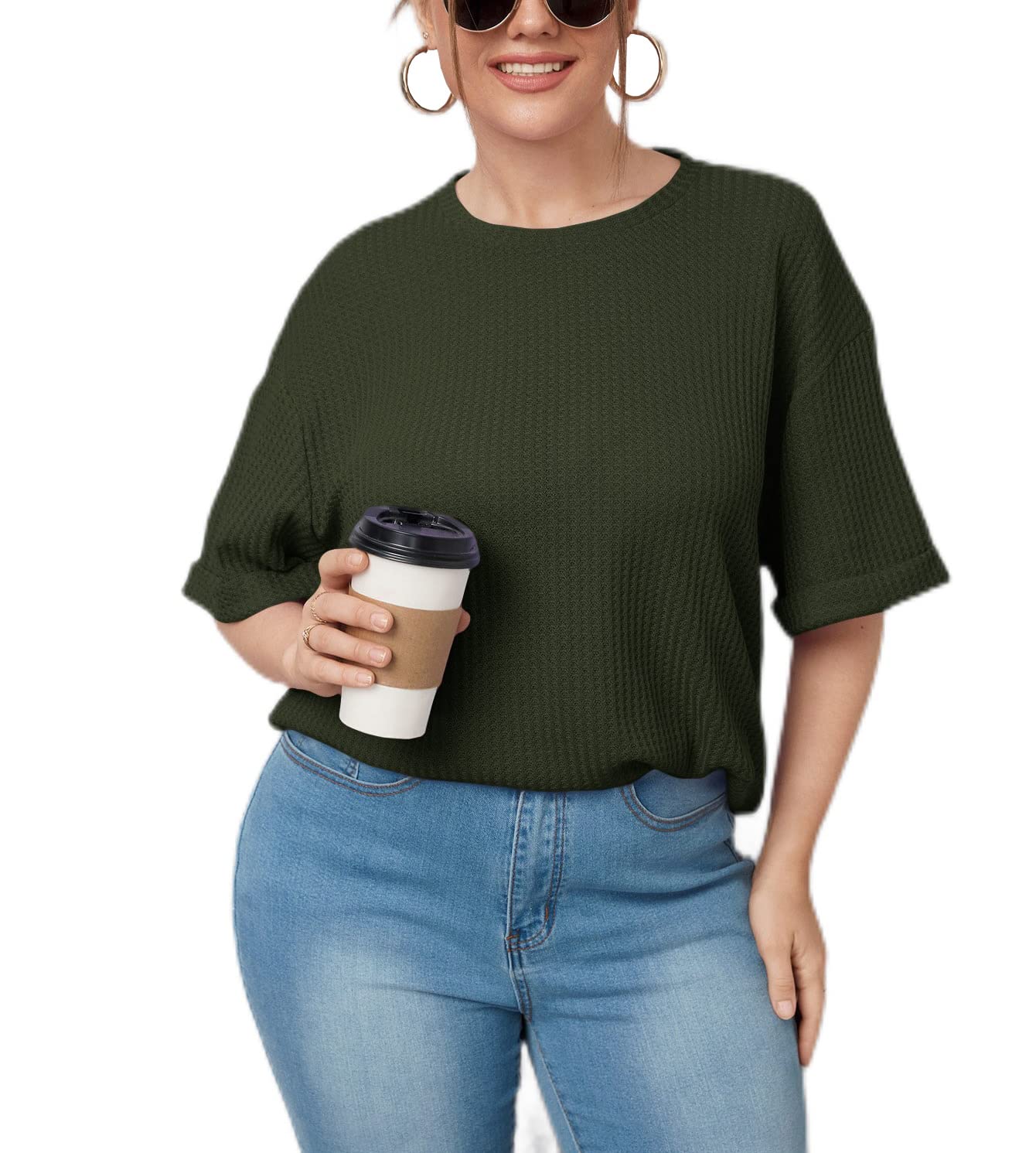 Plus Size Waffle Knit Drop Shoulder T-Shirt for Women - Casual Crewneck Half Sleeve Blouse - Perfect for Everyday Wear, Office & Weekend Outfits
