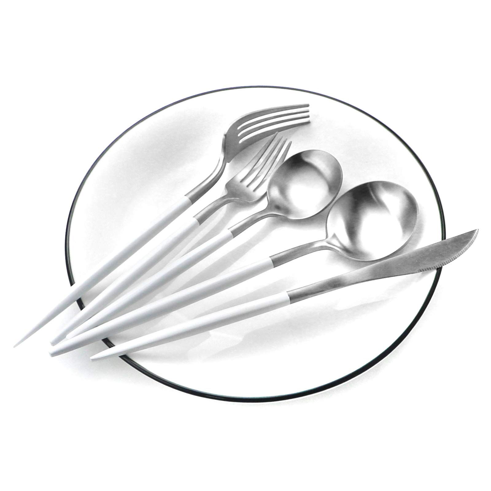 Premium 20-Piece Matte White Handle 18/10 Stainless Steel Flatware Set for 4 - Includes Forks, Spoons & Knives - Elegant Dining & Camping Silverware - Perfect for Home, Travel & Outdoor Use (White Silver)