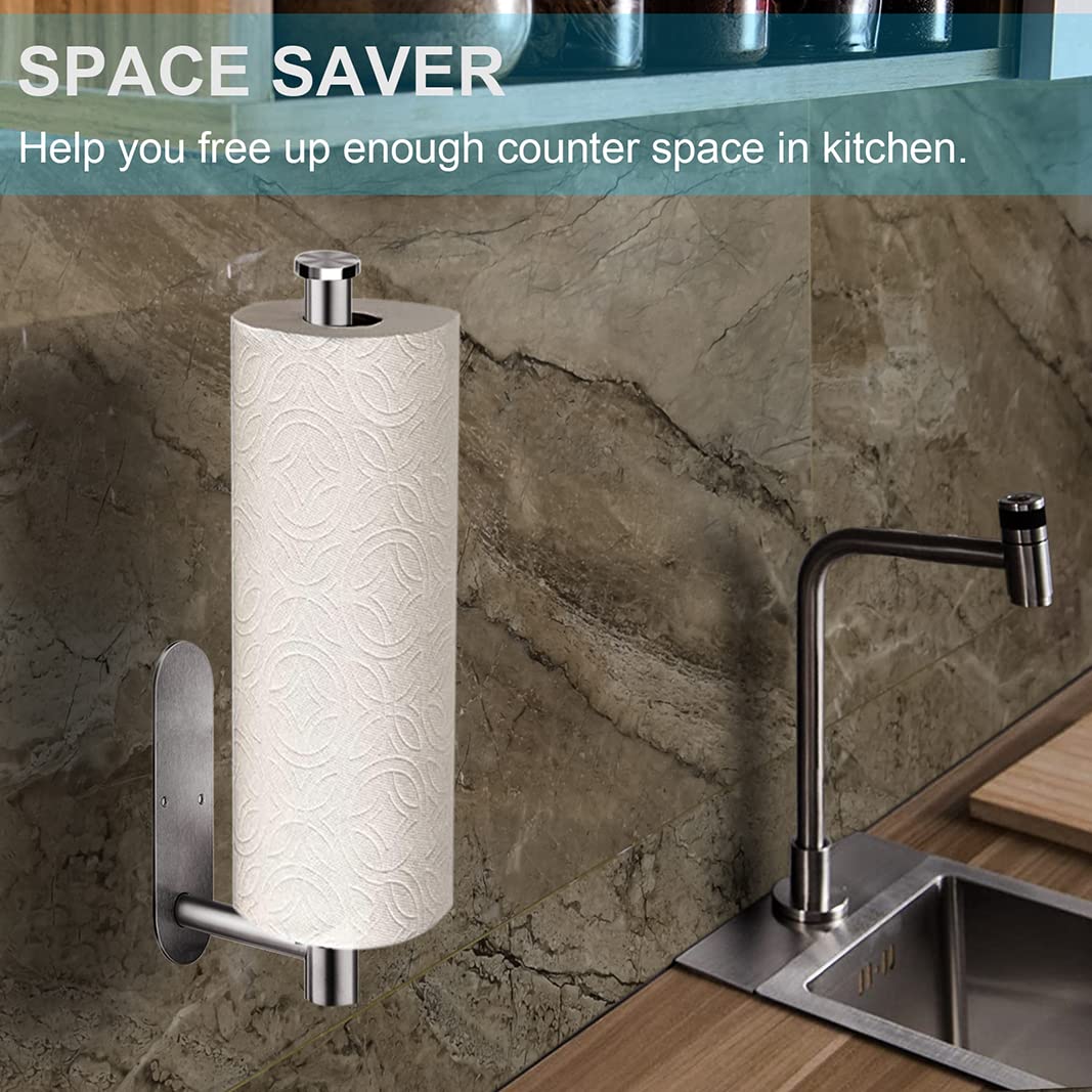 Stainless Steel Under Cabinet Paper Towel Holder 2 Pack - Wall Mount Kitchen & Bathroom Paper Towel Rack with Self Adhesive & Screws for Home, RV, Office (Silver) - Space Saving & Easy Access for Countertops
