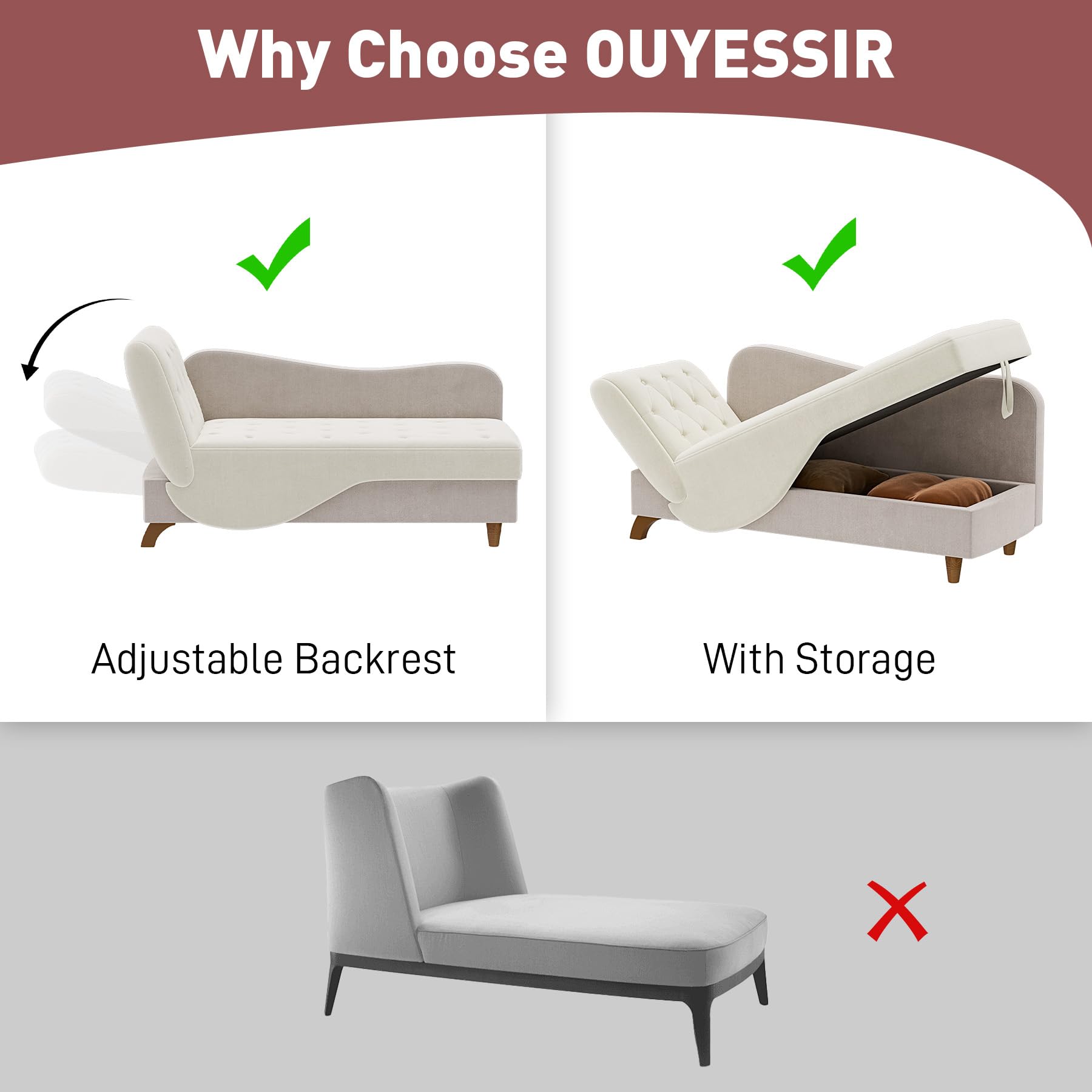 OUYESSIR Velvet Adjustable Recliner Chaise Lounge Chair with Storage & Pillow - Button Tufted Upholstered Sofa for Living Room, Bedroom, Office - Beige Gray - Perfect for Relaxing, Reading & Small Space Living