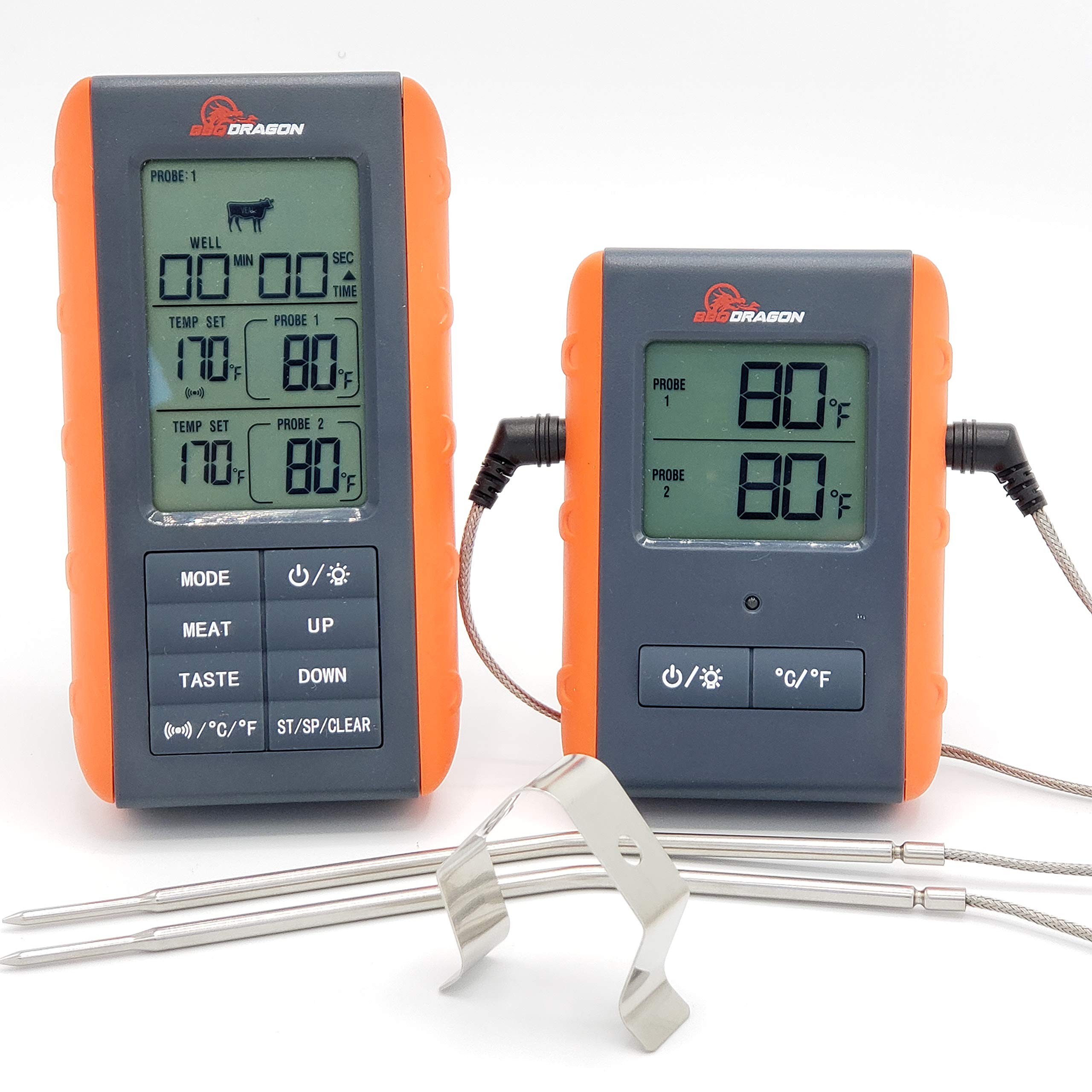 BBQ Dragon Instant Read Digital Meat Thermometer - Wireless Grill & Smoker Thermometer with 2 Probes, Oven Safe BBQ Temperature Gauge for Steak, Chicken, Turkey - Perfect for Grilling, Smoking, Baking & Outdoor Cooking