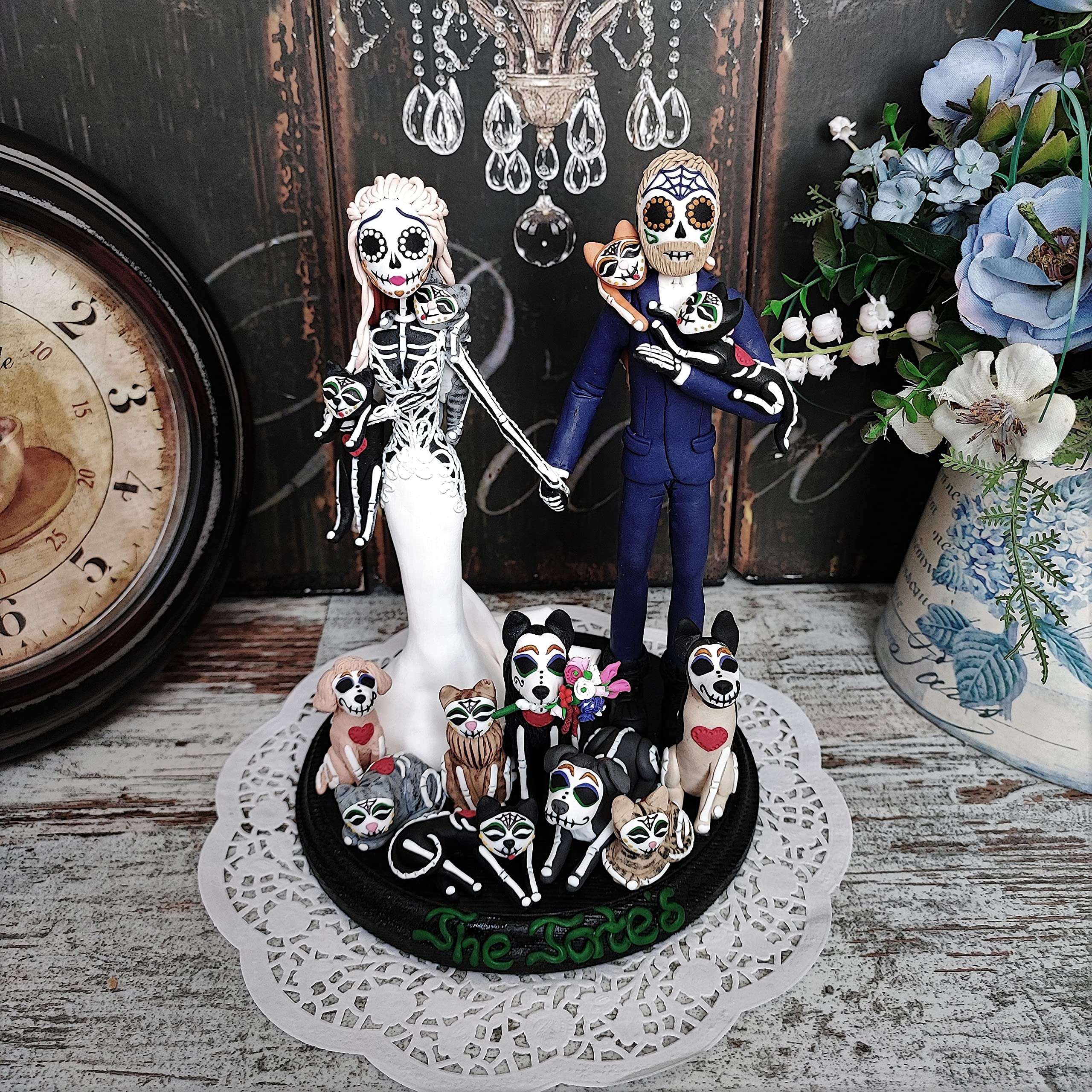 Mexican Day of The Dead Wedding Cake Toppers - Handmade Sugar Skull Decorations for Wedding, Quinceañera & Halloween Celebrations
