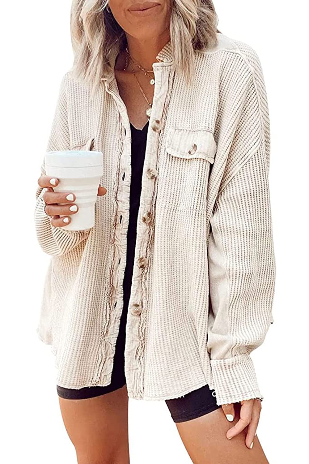 Yanekop Women's Waffle Knit Button Down Shacket - Oversized Long Sleeve Shirt Jacket for Women | Trendy Fall/Winter Outfits 2025 | Perfect for Layering, Casual Wear & Coffee Dates