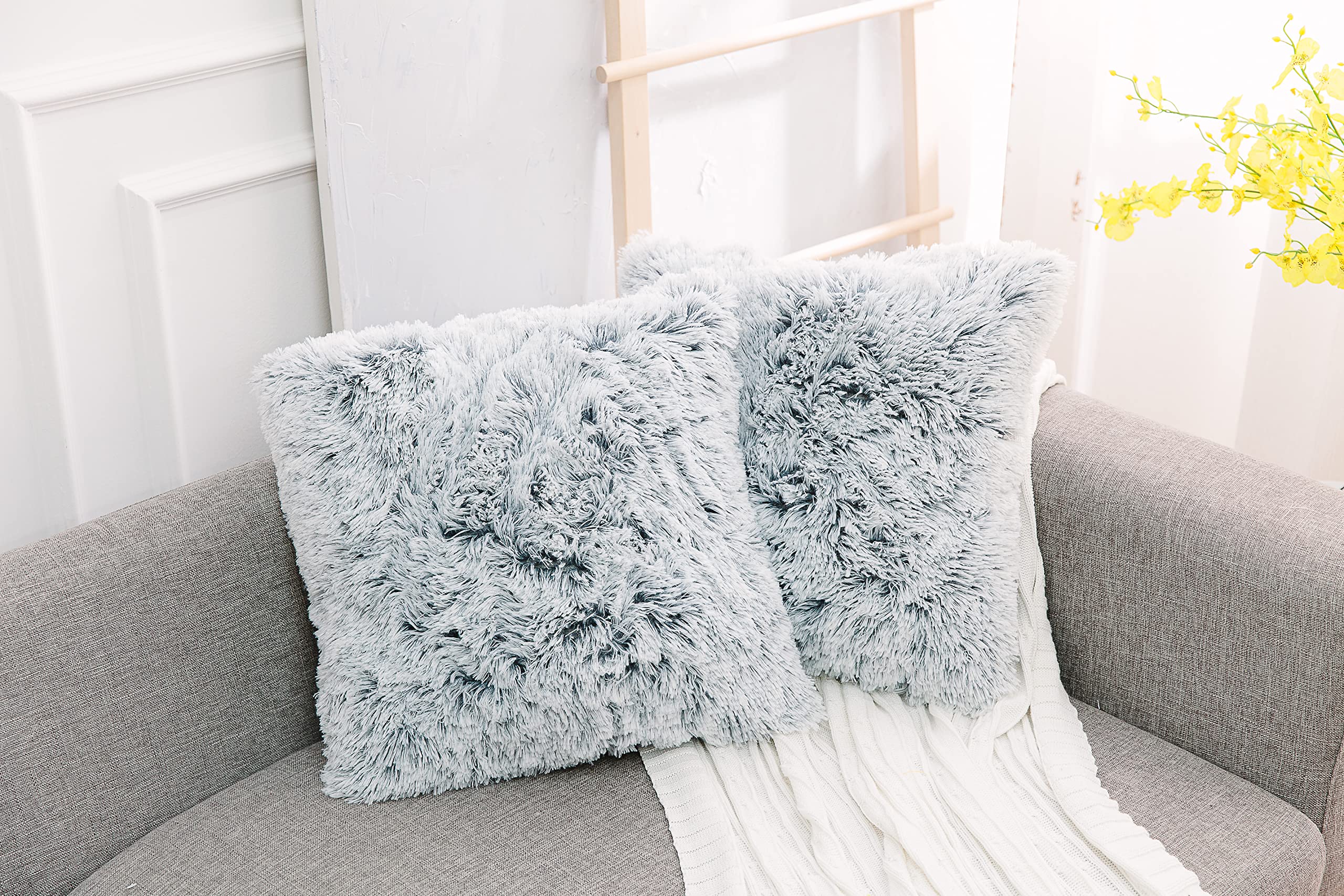NordECO HOME Luxury Soft Faux Fur Fleece Pillow Covers 16x16 Inch - Grey Ombre 2 Pack for Sofa, Bed & Home Decor - Cozy Throw Pillow Cases Without Insert