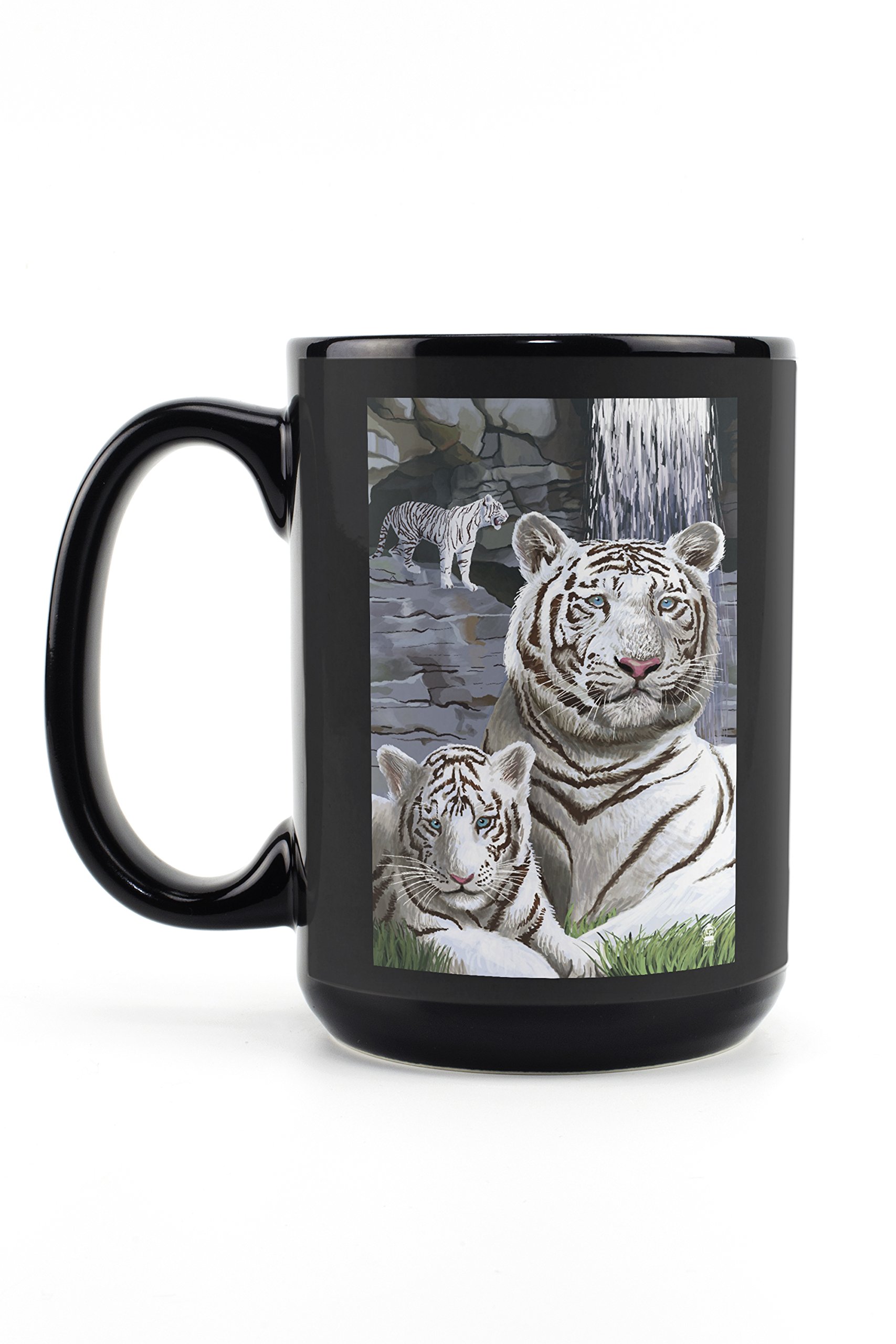 Premium 15oz Black Ceramic Coffee Mug - White Tiger Family Design - Microwave & Dishwasher Safe - Perfect for Home, Office & Gifts