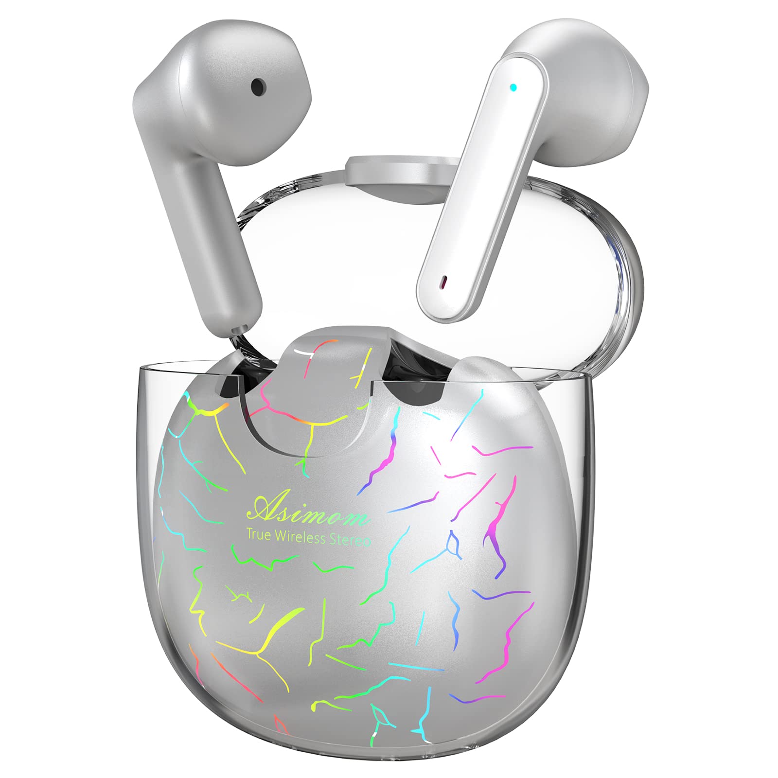 ASIMOM Wireless Bluetooth Earbuds with RGB LED Charging Case, 4-Mic Noise Cancelling, Touch Control, Comfort Fit for Small Ears - Silver | Perfect for Gym, Running, Workouts & Daily Commute